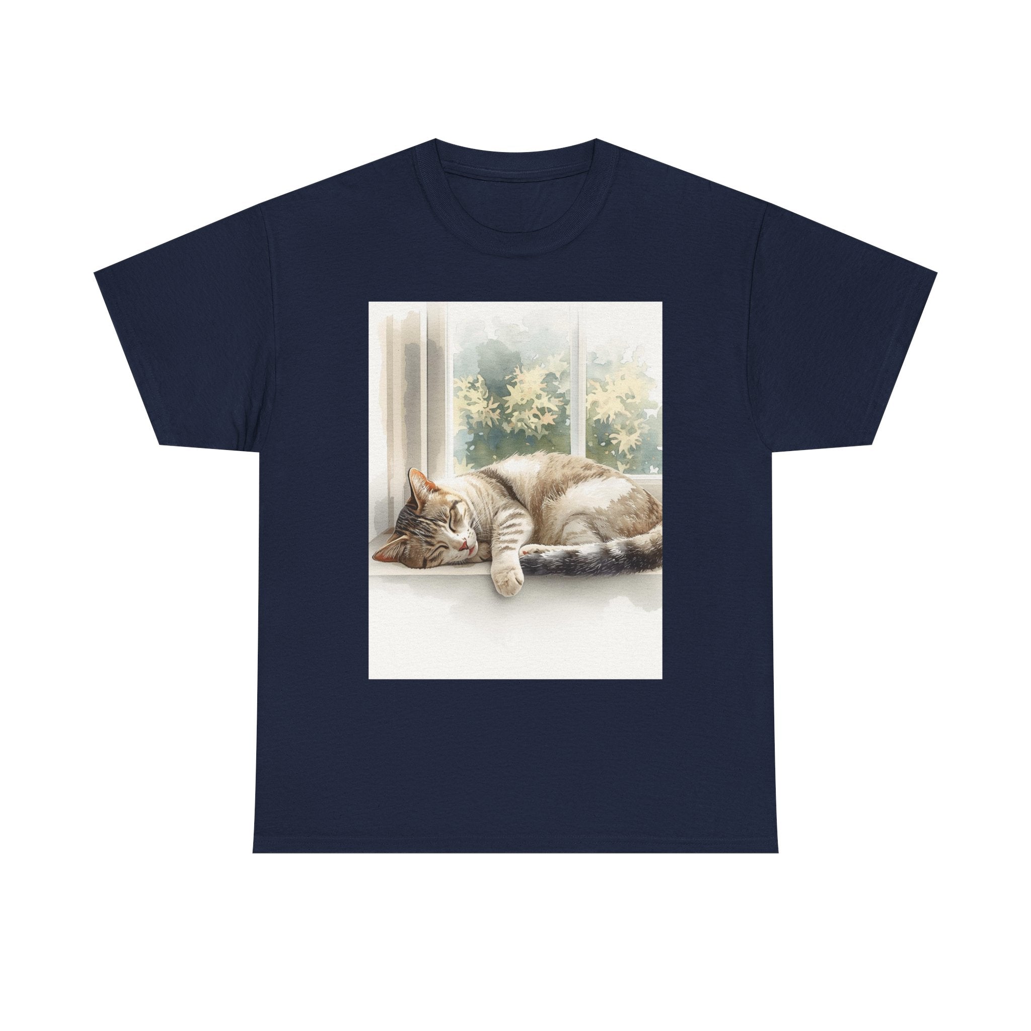 Cat Nap T‑Shirt — Sleeping Tabby by Sunny Window