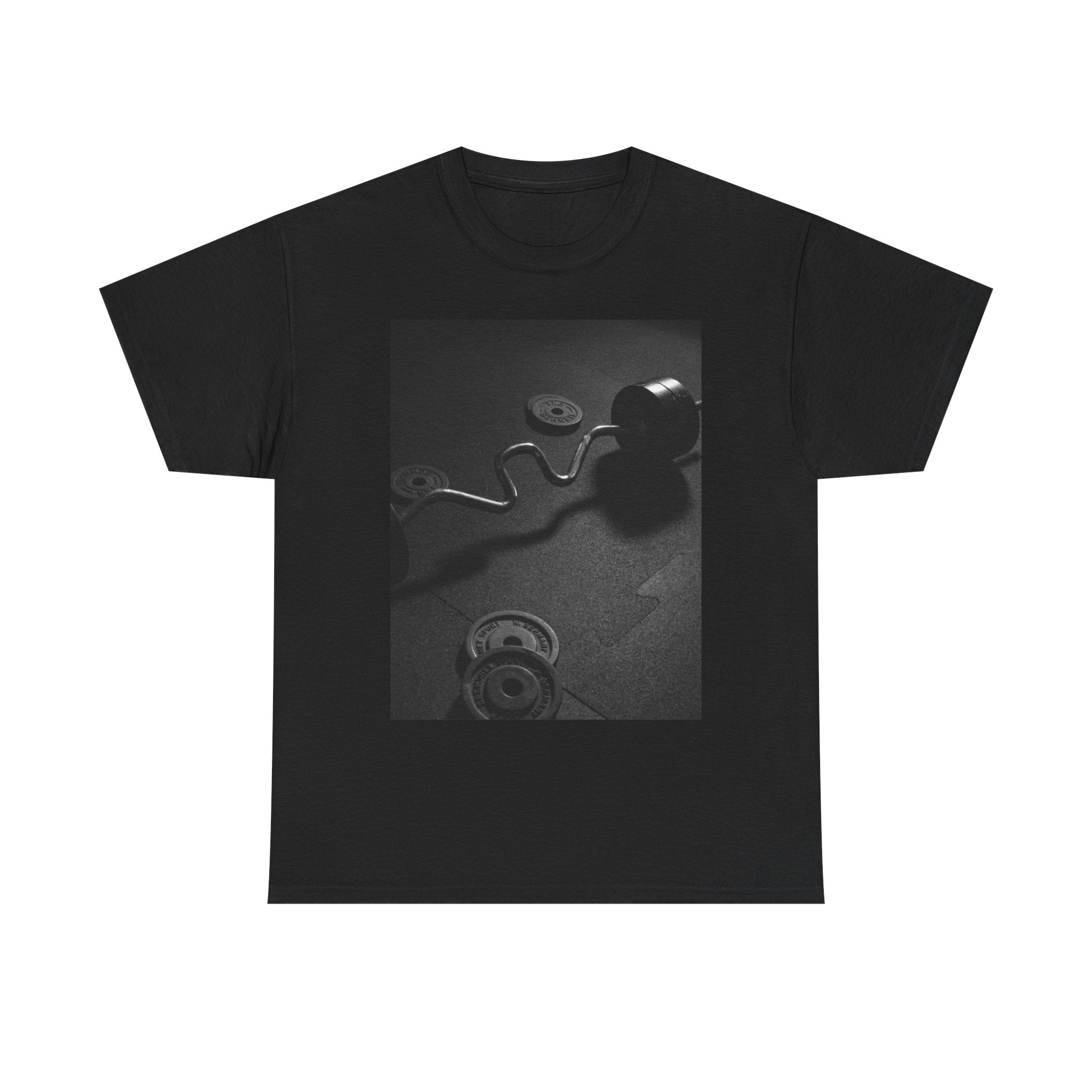 Vintage Gym Weights Photo Tee — Black & White Fitness Graphic Shirt