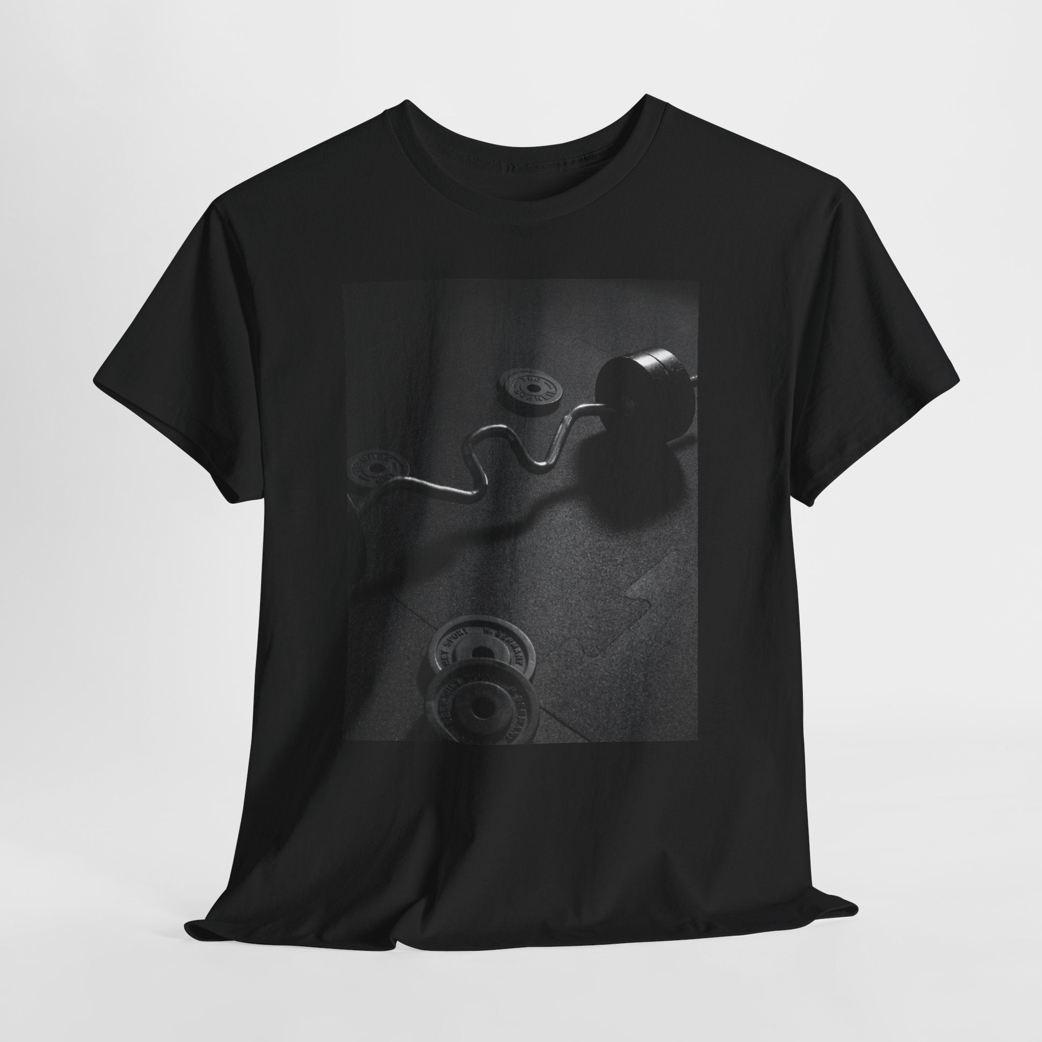 Vintage Gym Weights Photo Tee — Black & White Fitness Graphic Shirt