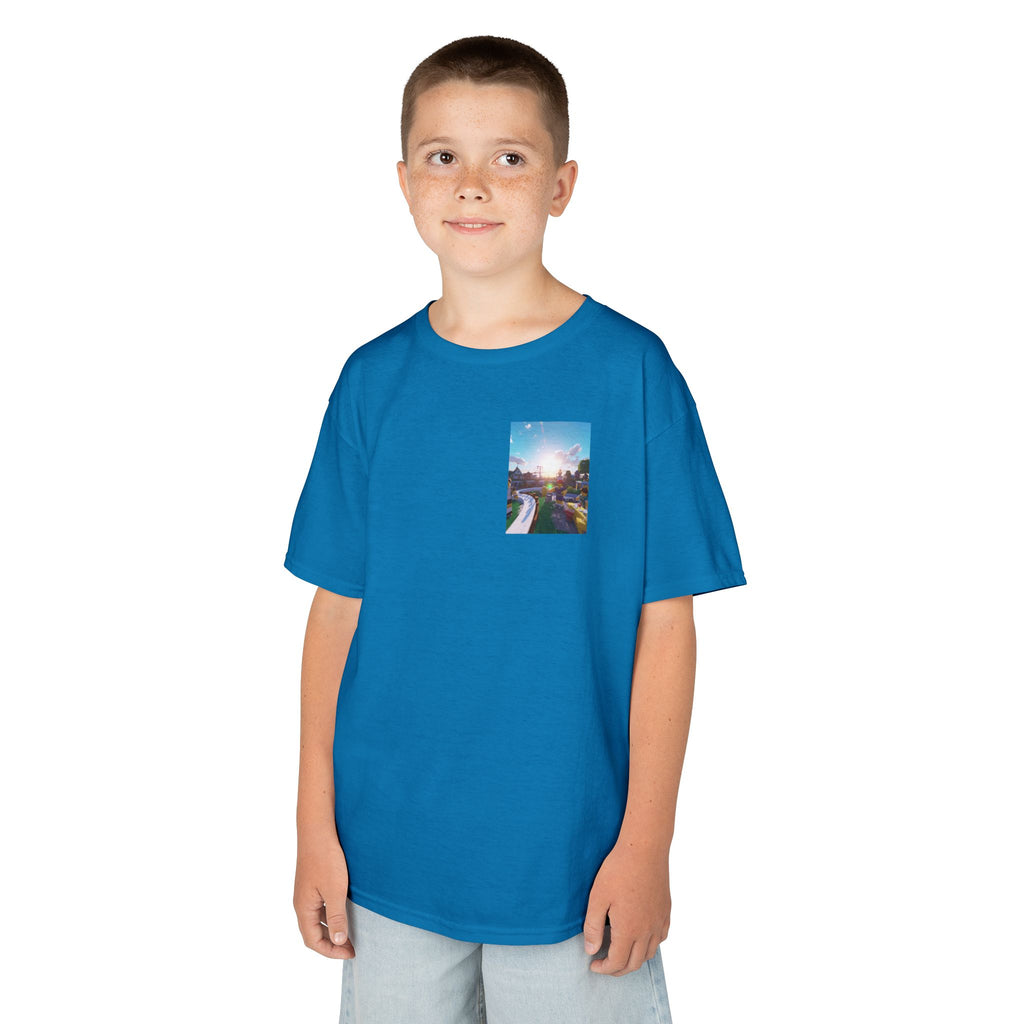 Kids Tee — Colorful Sunset Neighborhood Illustration