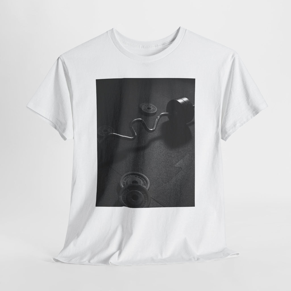 Vintage Gym Weights Photo Tee — Black & White Fitness Graphic Shirt