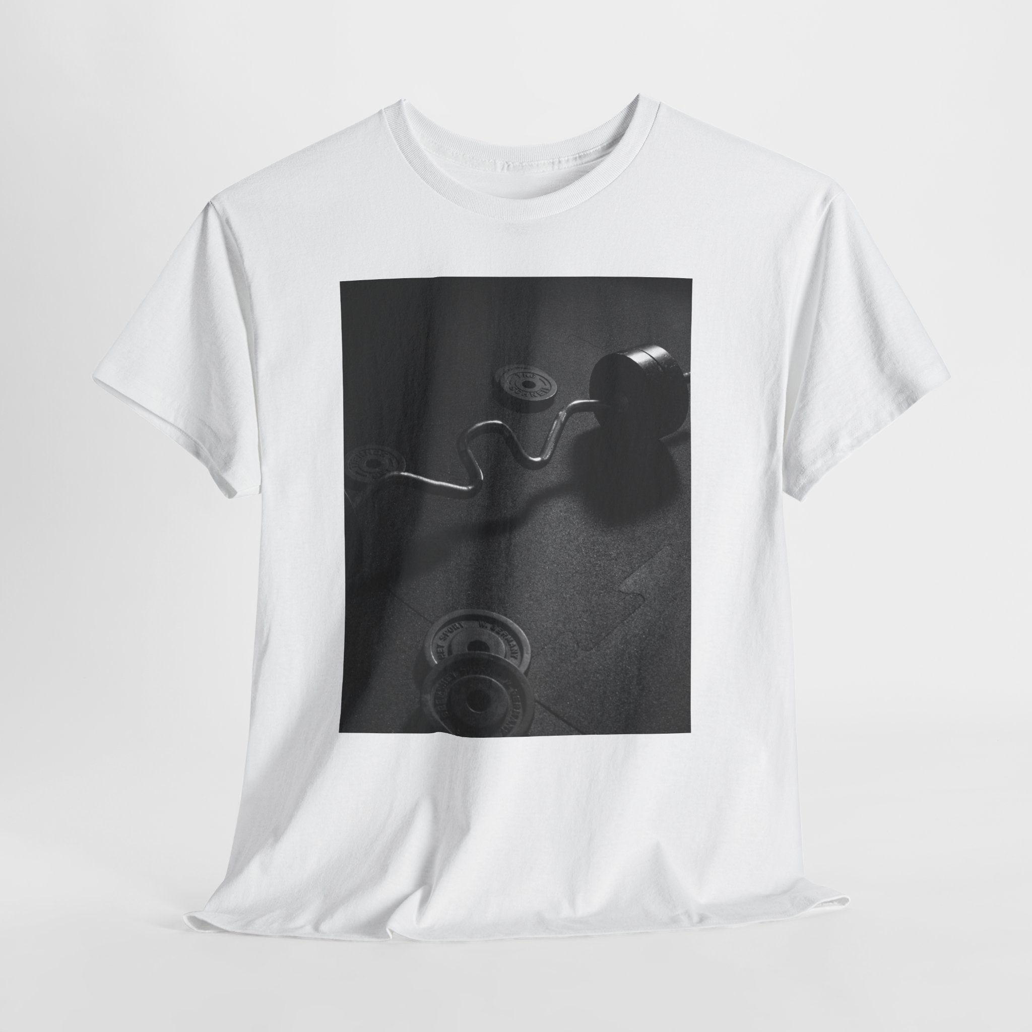 Vintage Gym Weights Photo Tee — Black & White Fitness Graphic Shirt