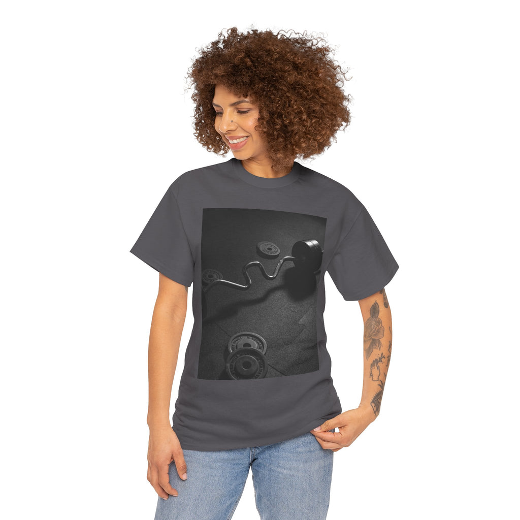 Vintage Gym Weights Photo Tee — Black & White Fitness Graphic Shirt