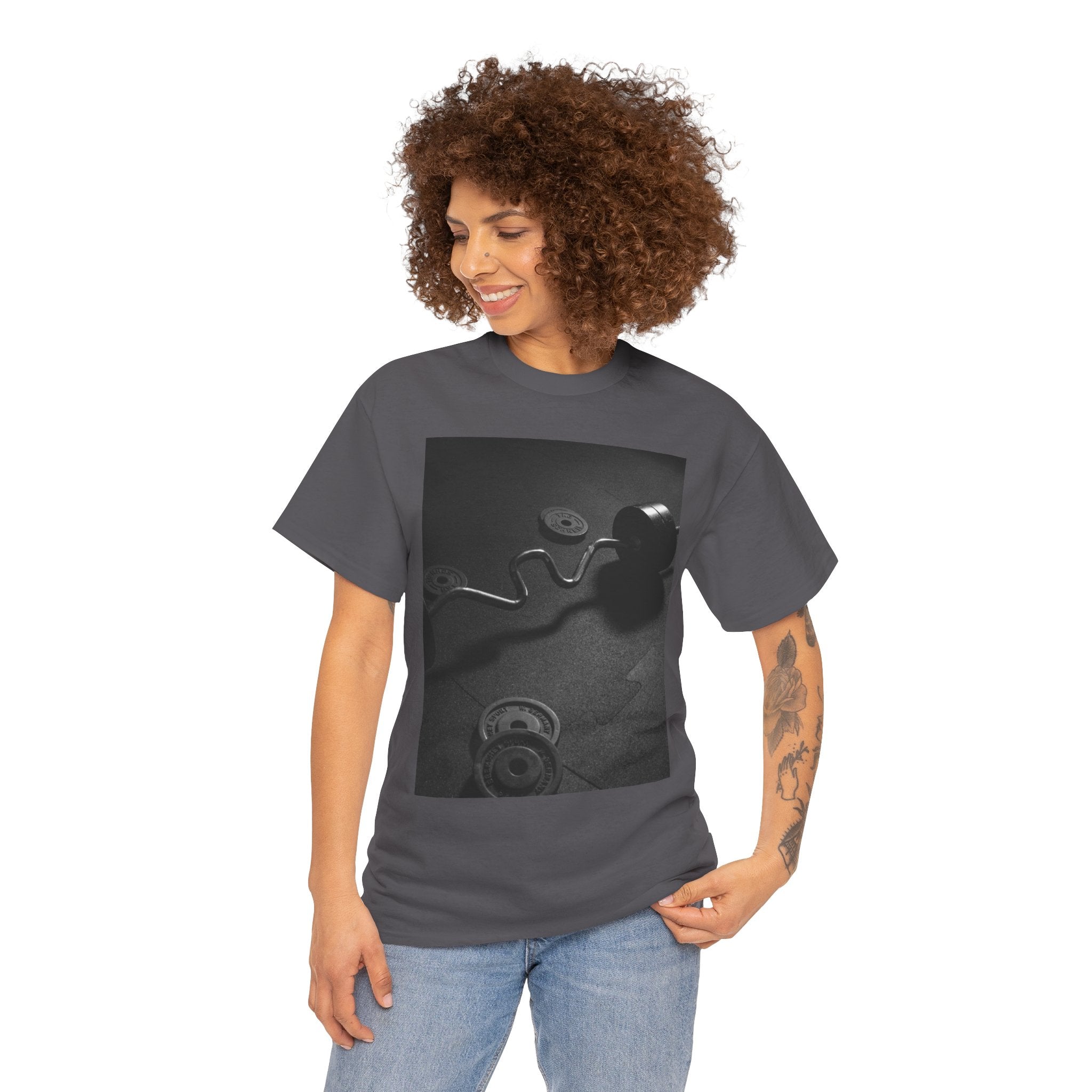 Vintage Gym Weights Photo Tee — Black & White Fitness Graphic Shirt