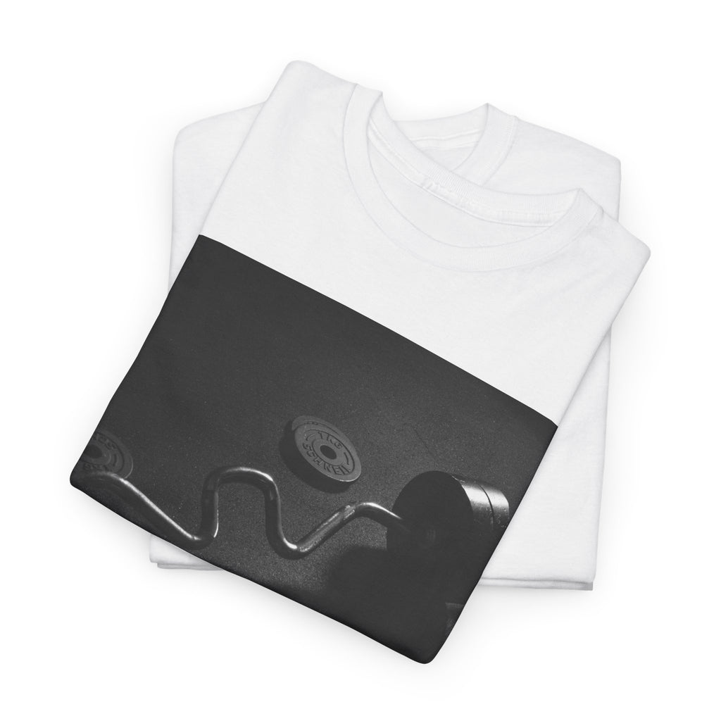 Vintage Gym Weights Photo Tee — Black & White Fitness Graphic Shirt