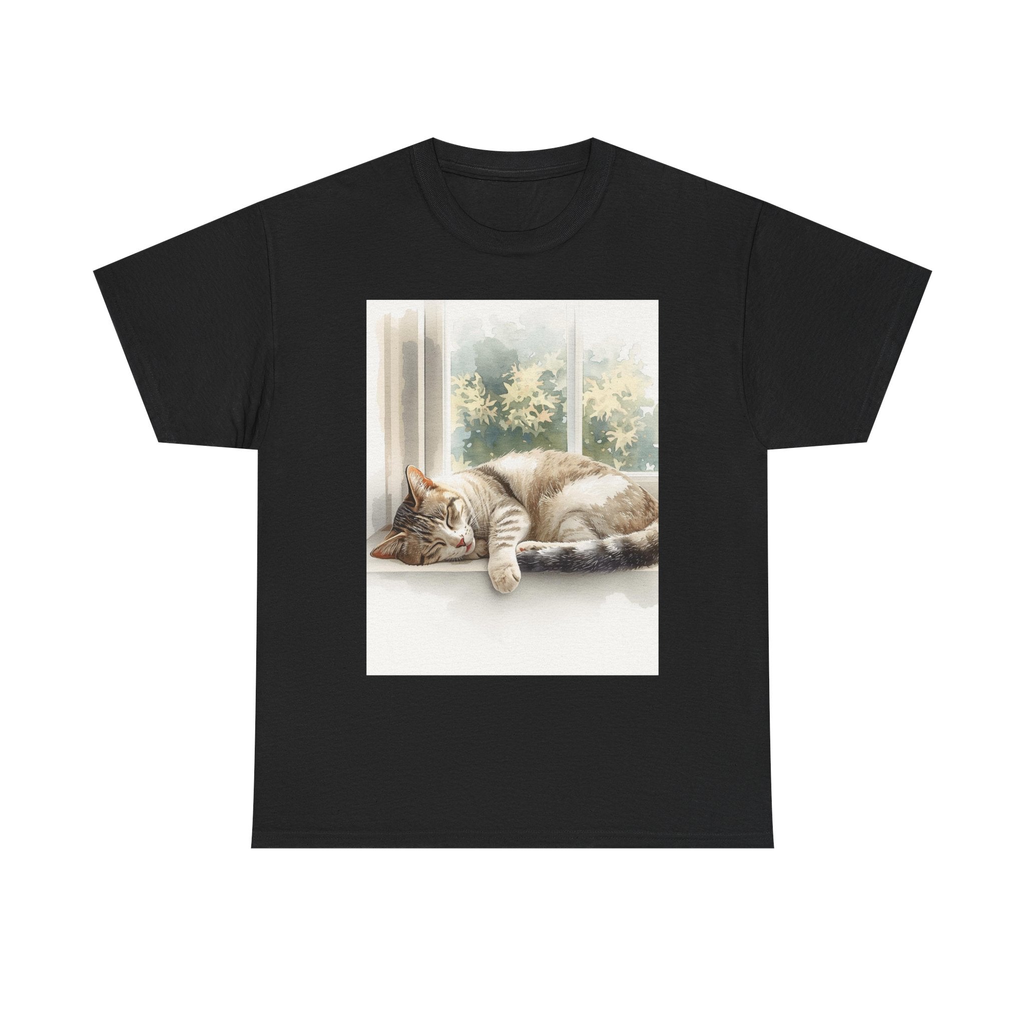 Cat Nap T‑Shirt — Sleeping Tabby by Sunny Window