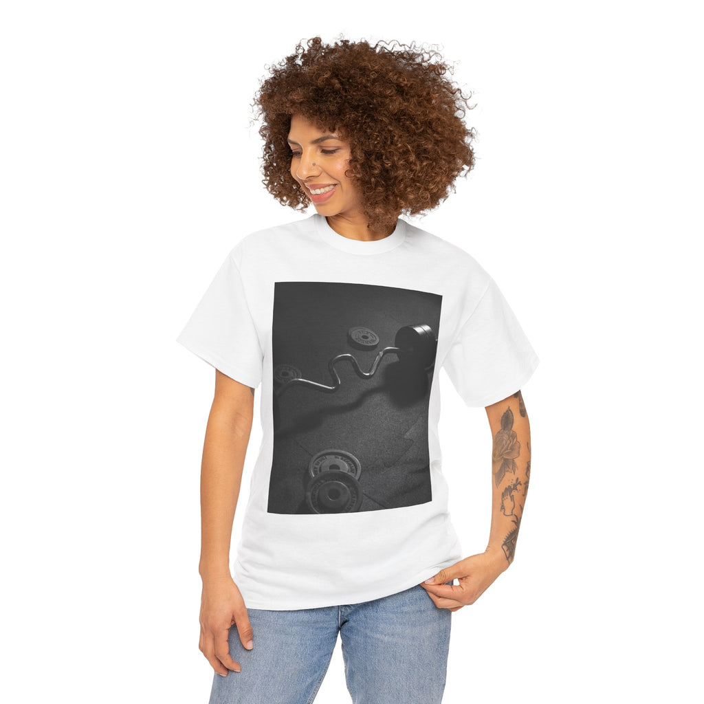 Vintage Gym Weights Photo Tee — Black & White Fitness Graphic Shirt