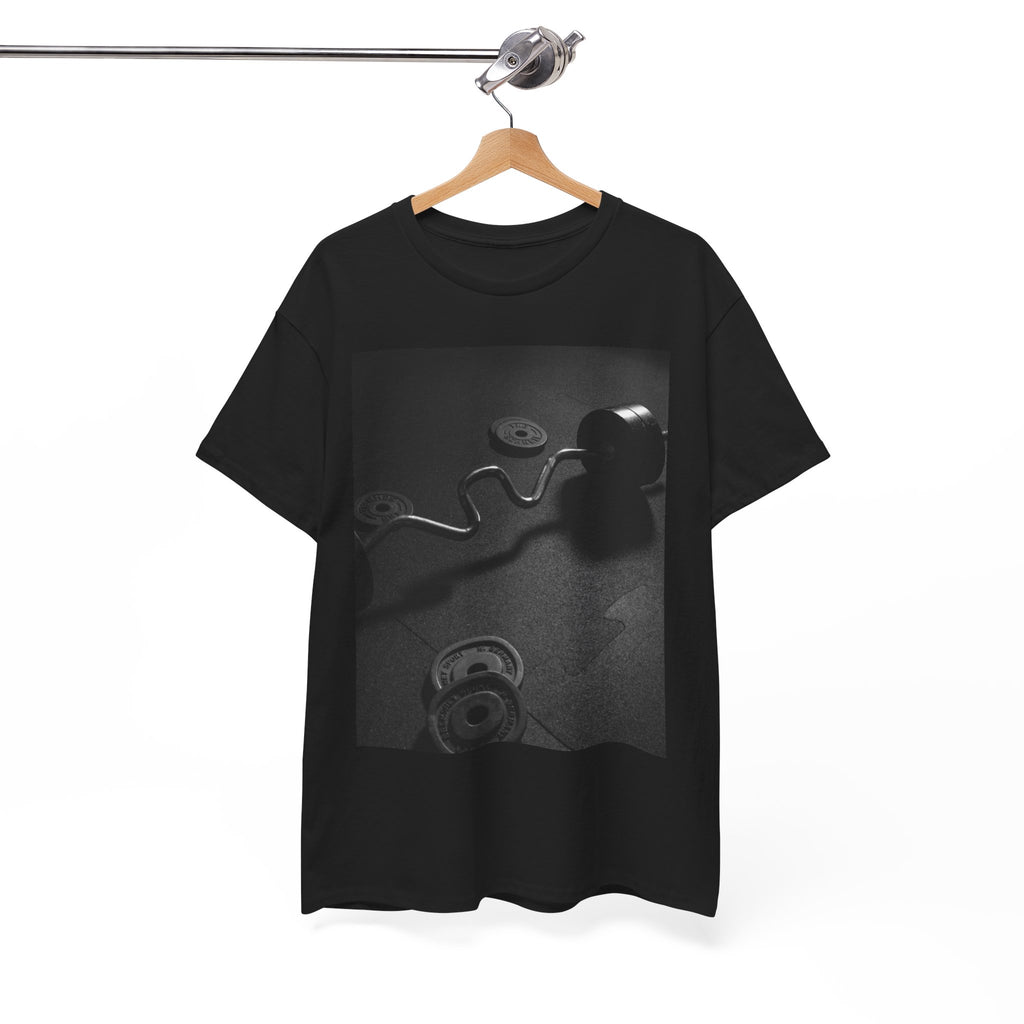 Vintage Gym Weights Photo Tee — Black & White Fitness Graphic Shirt