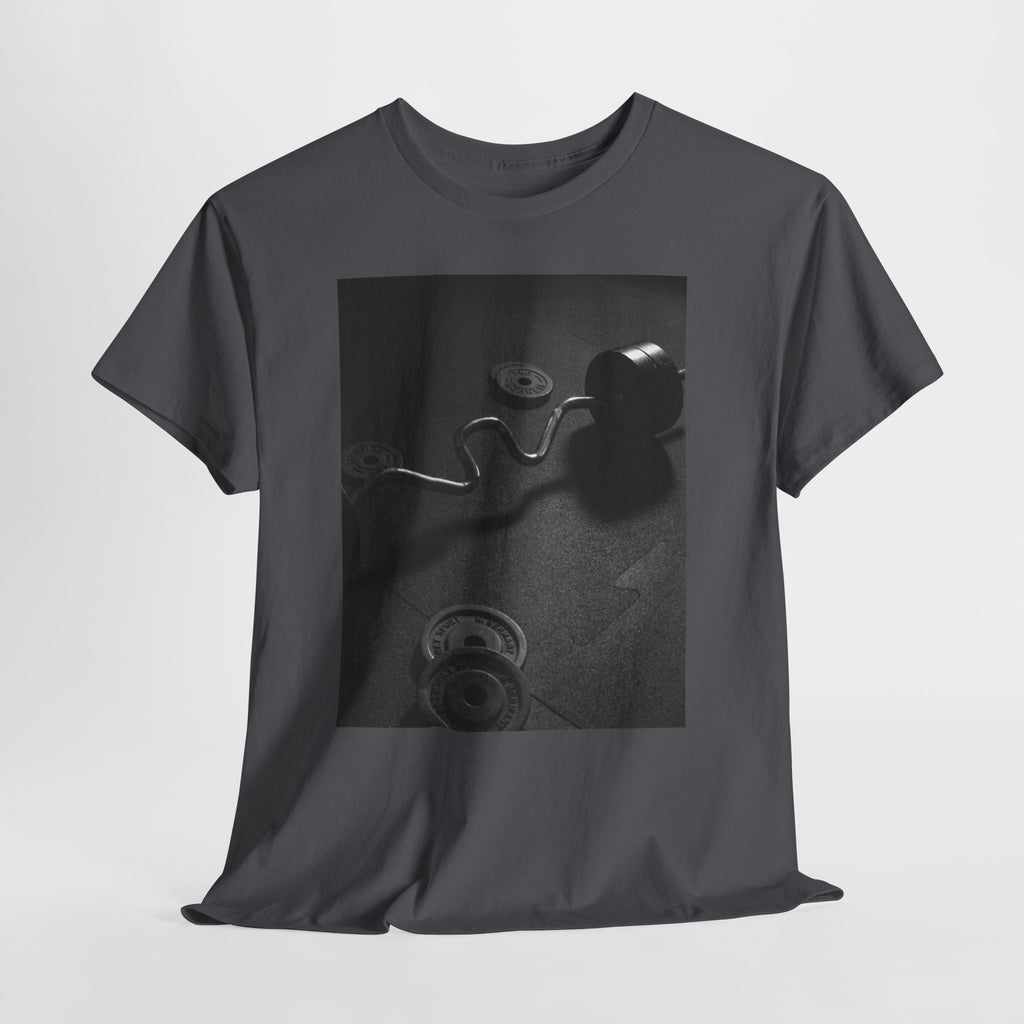Vintage Gym Weights Photo Tee — Black & White Fitness Graphic Shirt