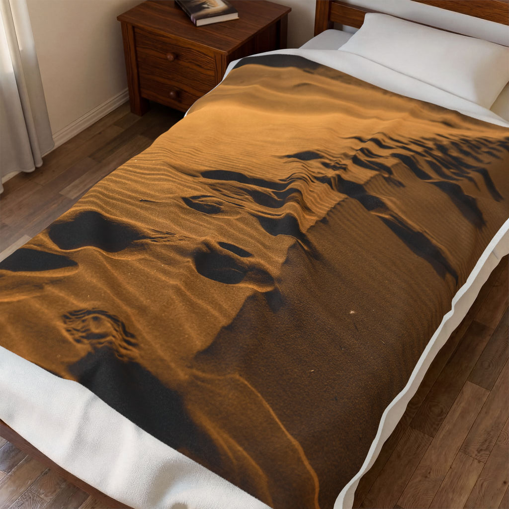 Desert Footprints Velveteen Plush Blanket — Cozy Sand Dunes Photo Throw