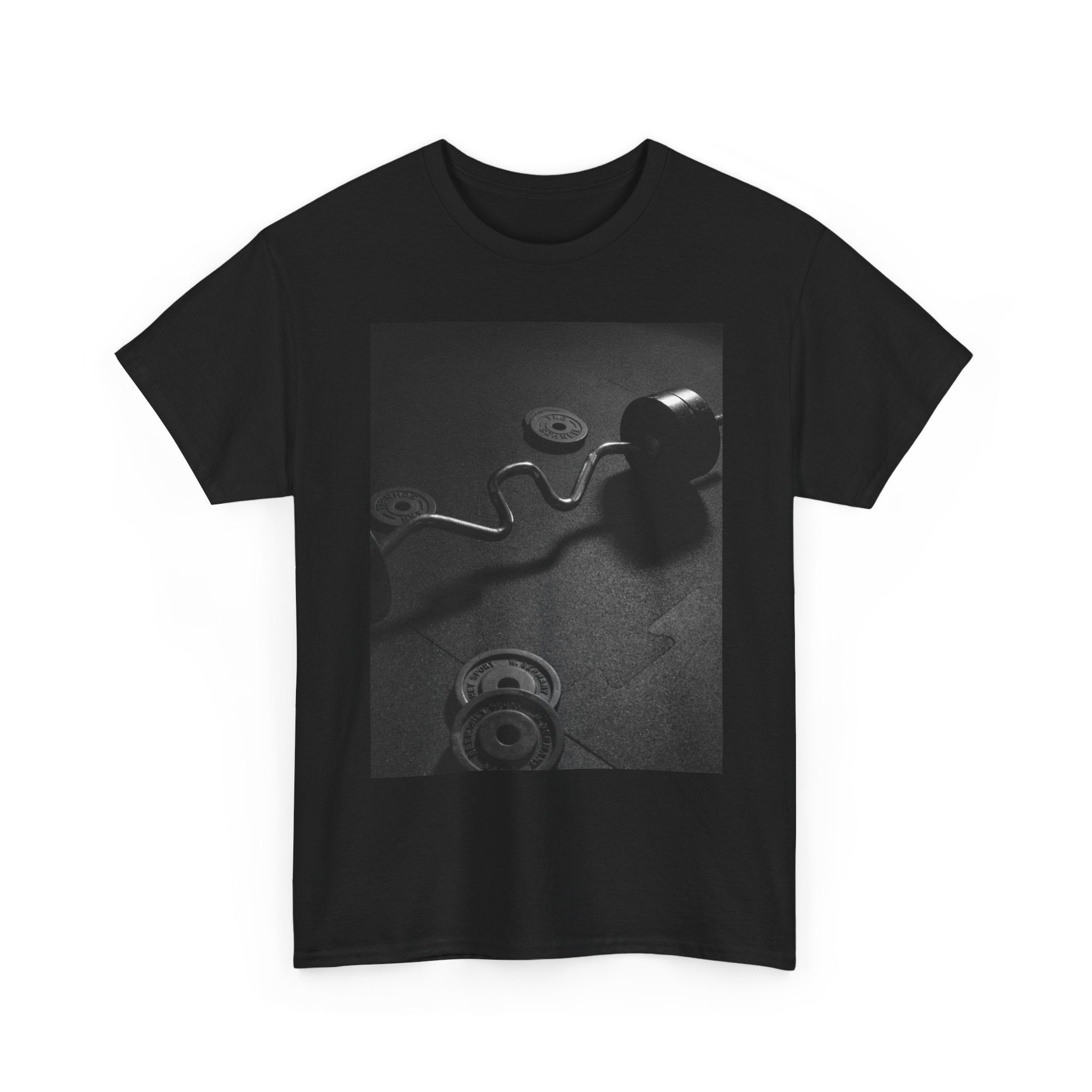 Vintage Gym Weights Photo Tee — Black & White Fitness Graphic Shirt