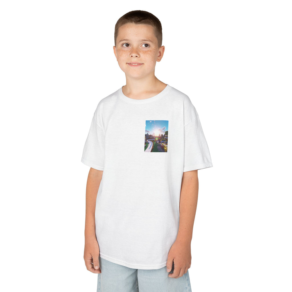 Kids Tee — Colorful Sunset Neighborhood Illustration