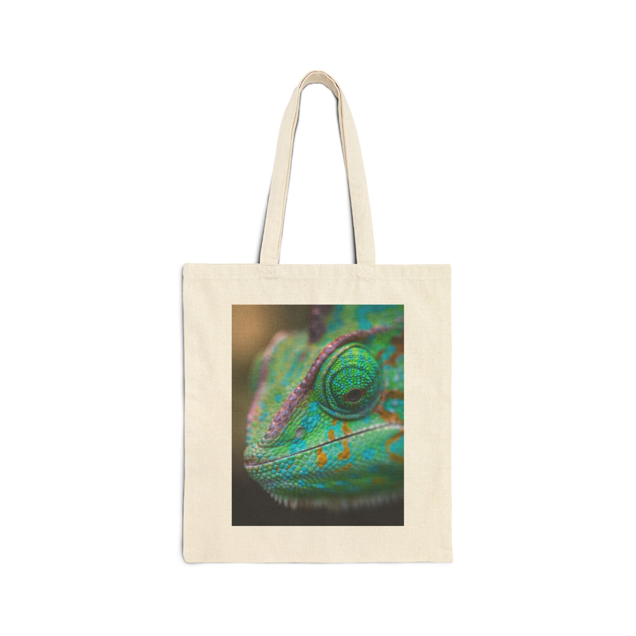 Chameleon Close-Up Canvas Tote — Vibrant Reptile Art Eco Bag