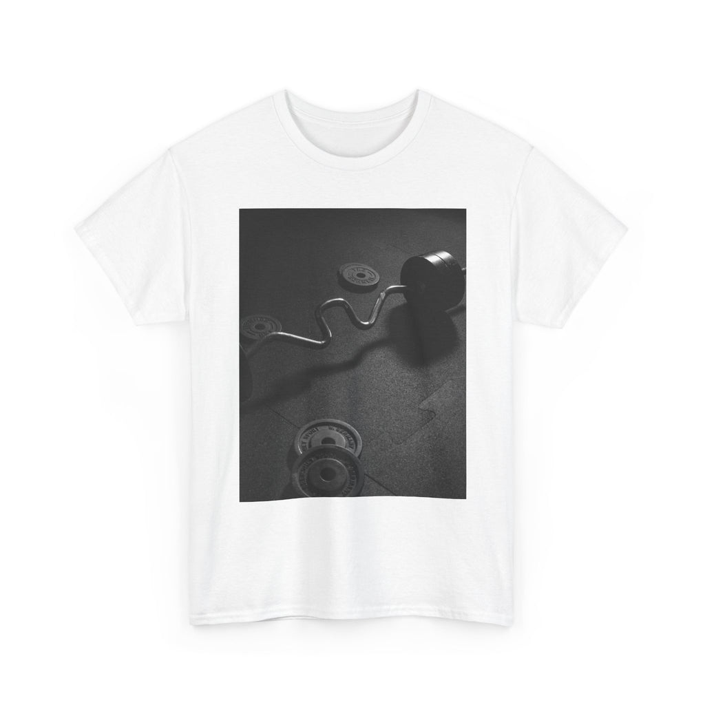 Vintage Gym Weights Photo Tee — Black & White Fitness Graphic Shirt