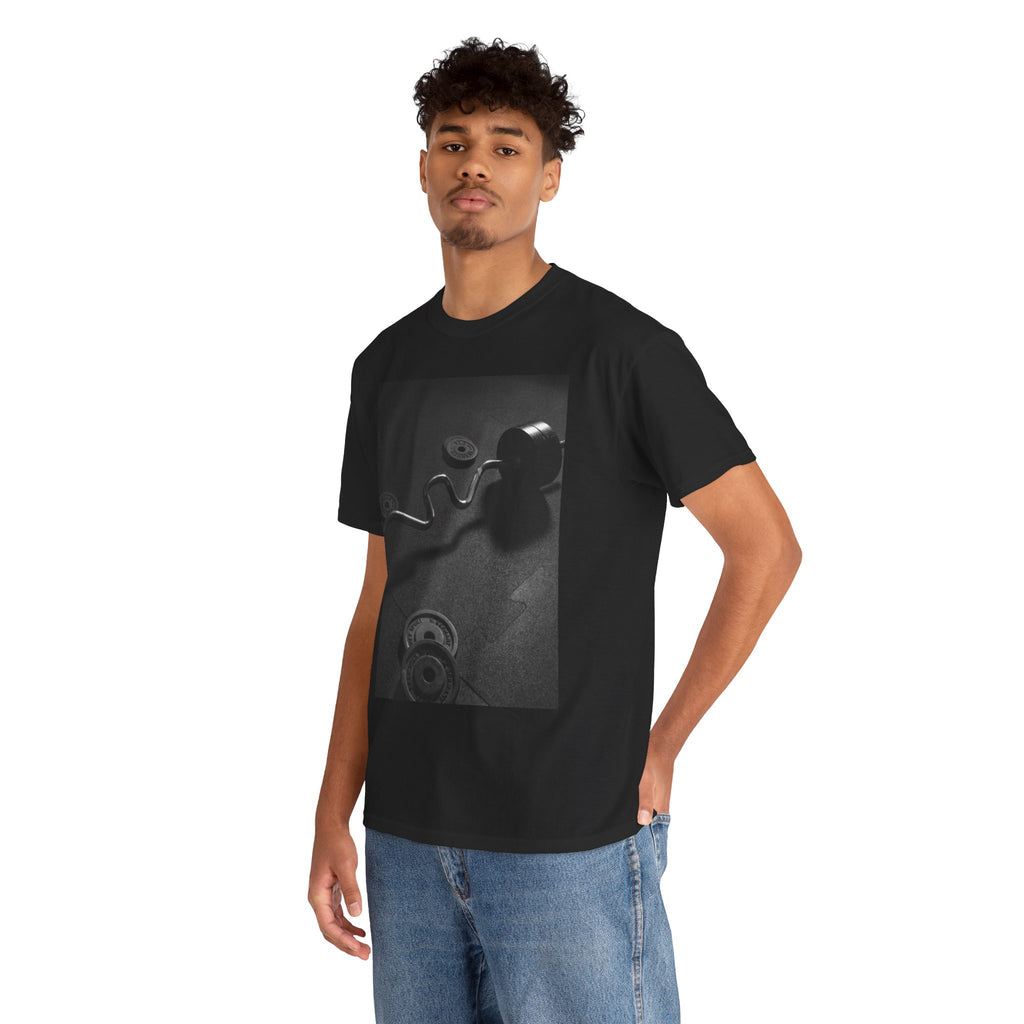 Vintage Gym Weights Photo Tee — Black & White Fitness Graphic Shirt