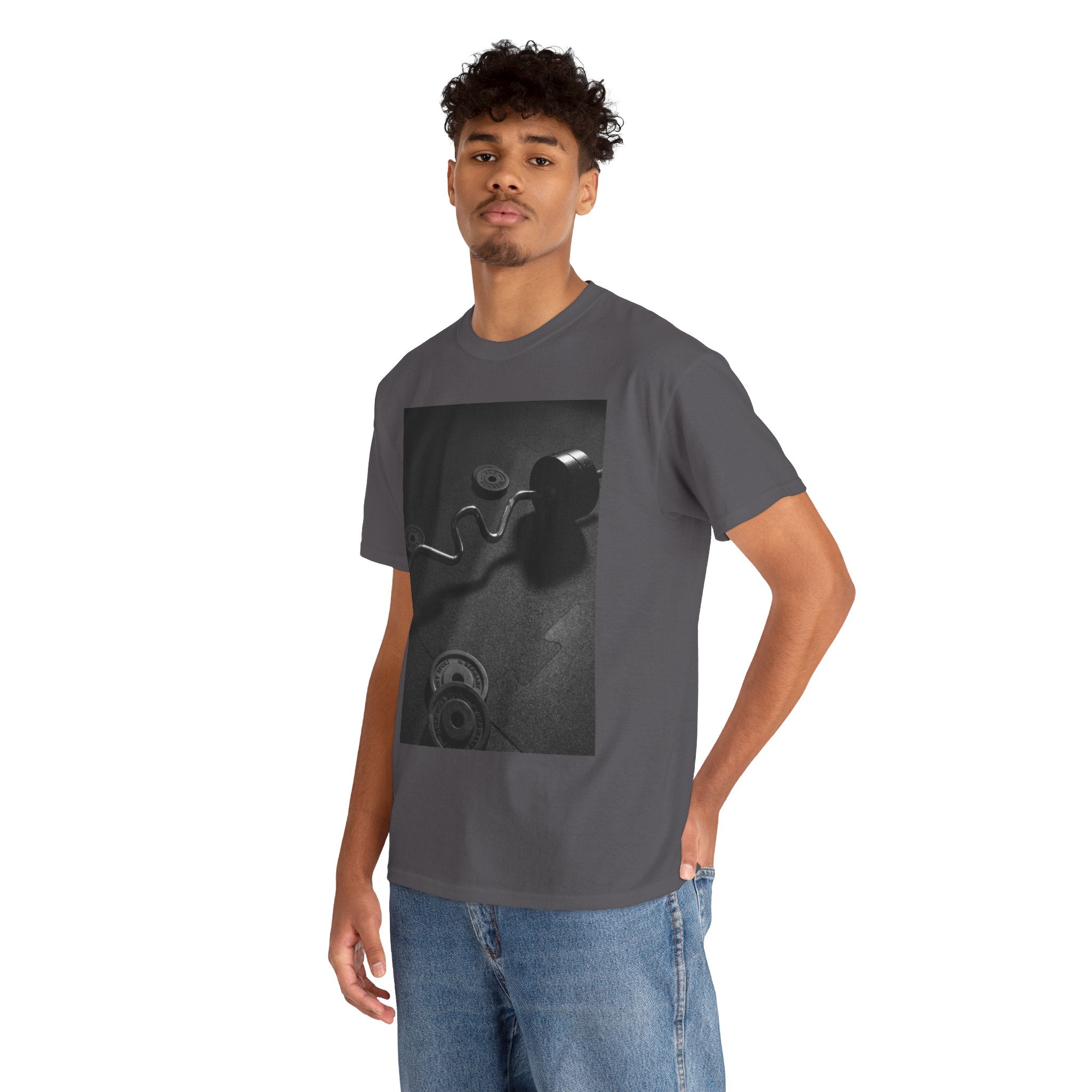 Vintage Gym Weights Photo Tee — Black & White Fitness Graphic Shirt