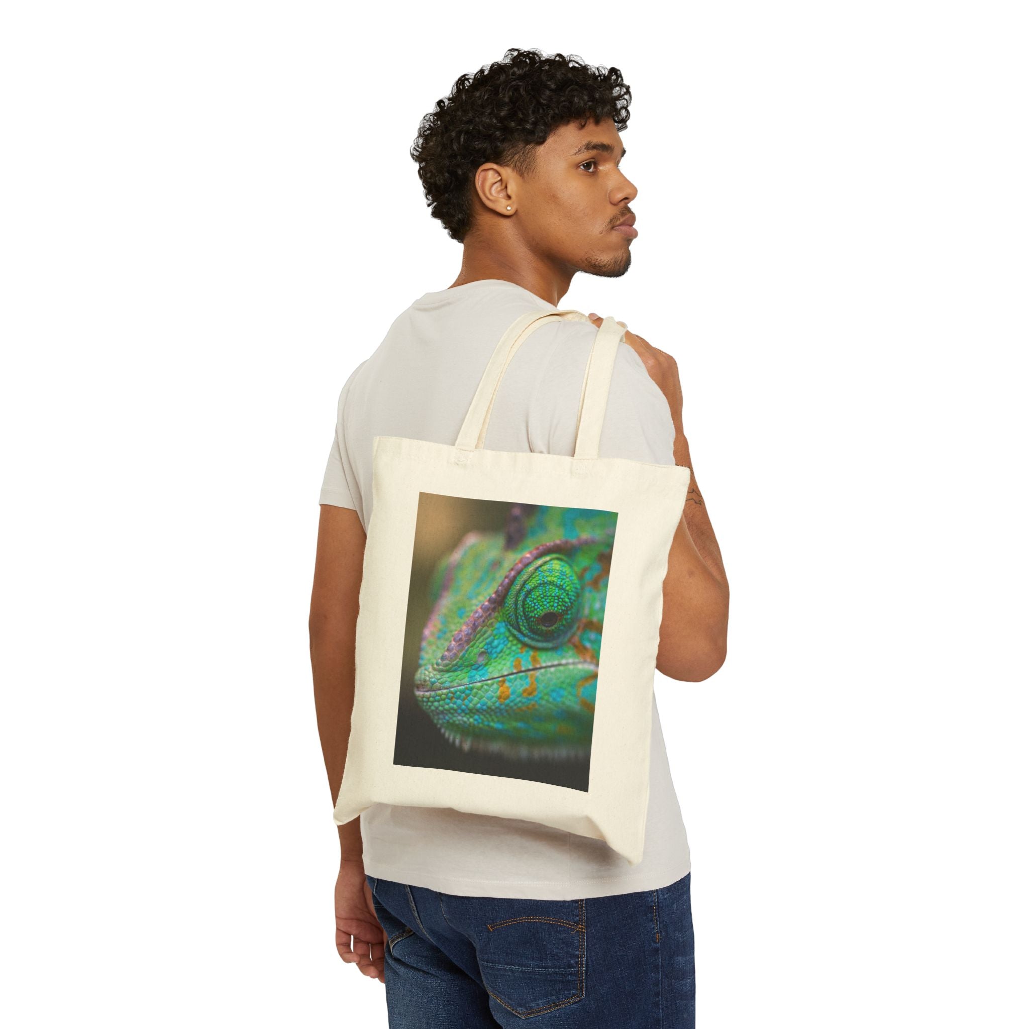 Chameleon Close-Up Canvas Tote — Vibrant Reptile Art Eco Bag