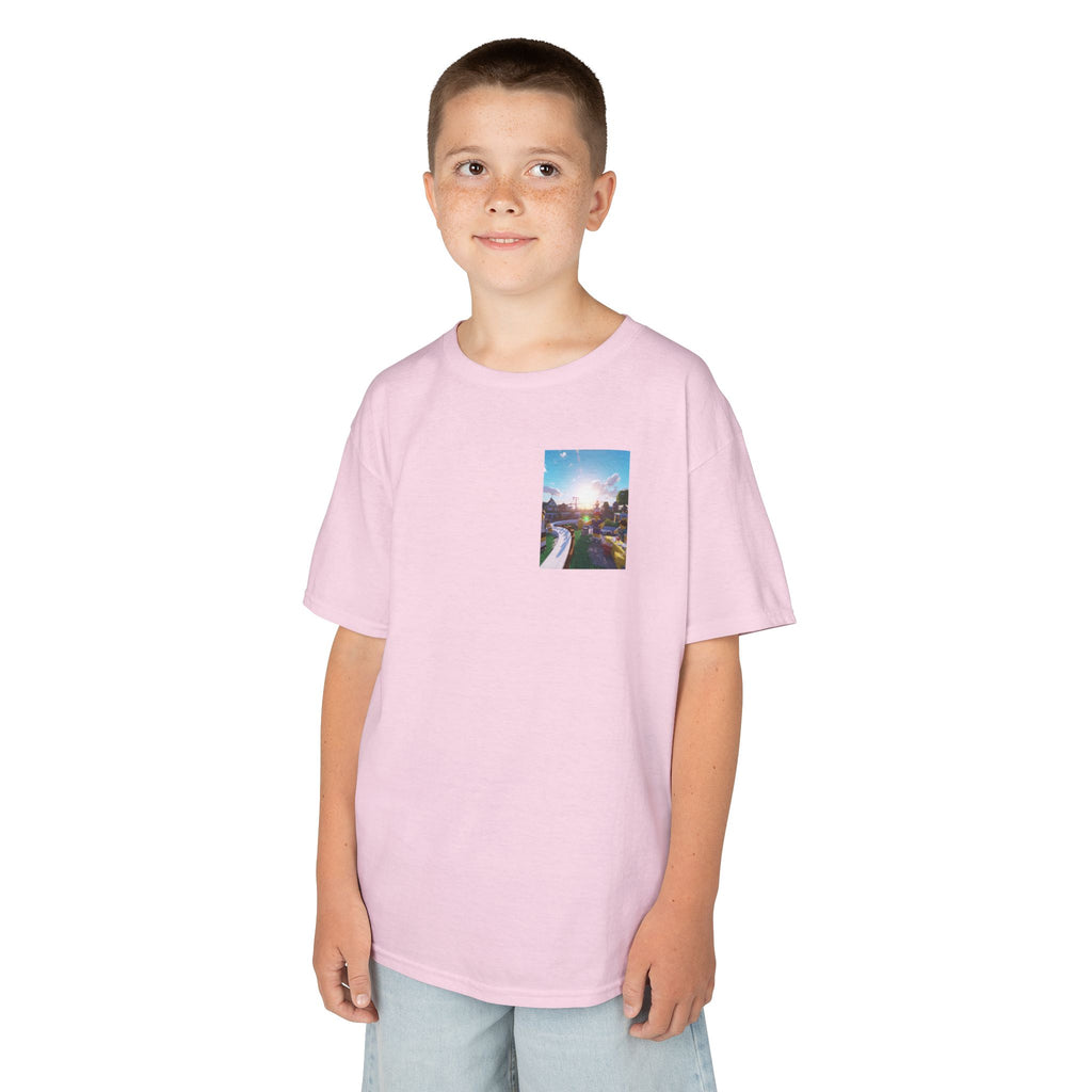 Kids Tee — Colorful Sunset Neighborhood Illustration