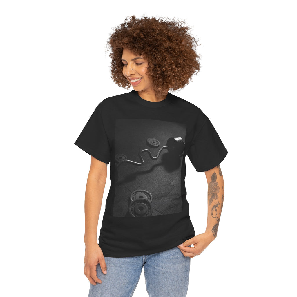 Vintage Gym Weights Photo Tee — Black & White Fitness Graphic Shirt