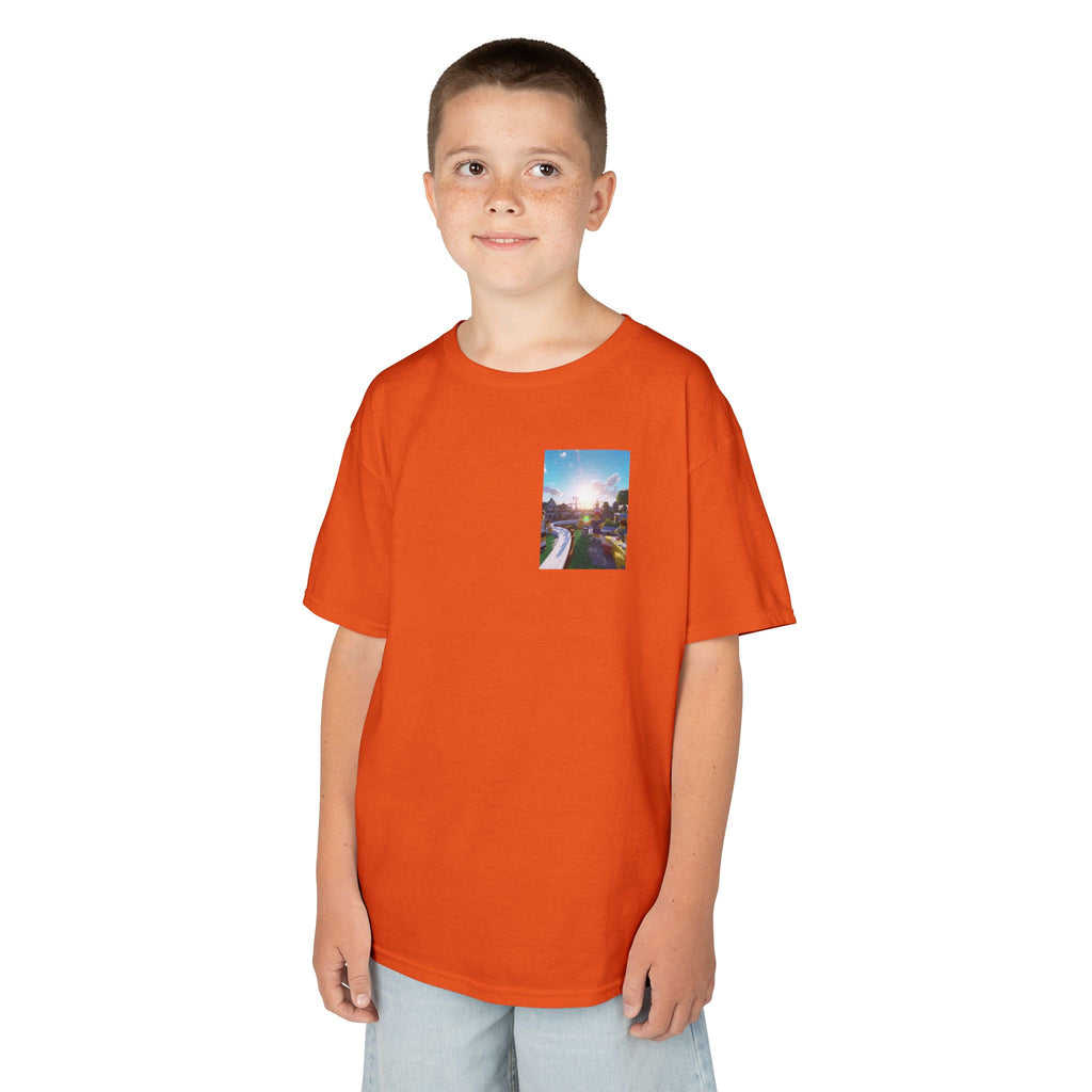 Kids Tee — Colorful Sunset Neighborhood Illustration