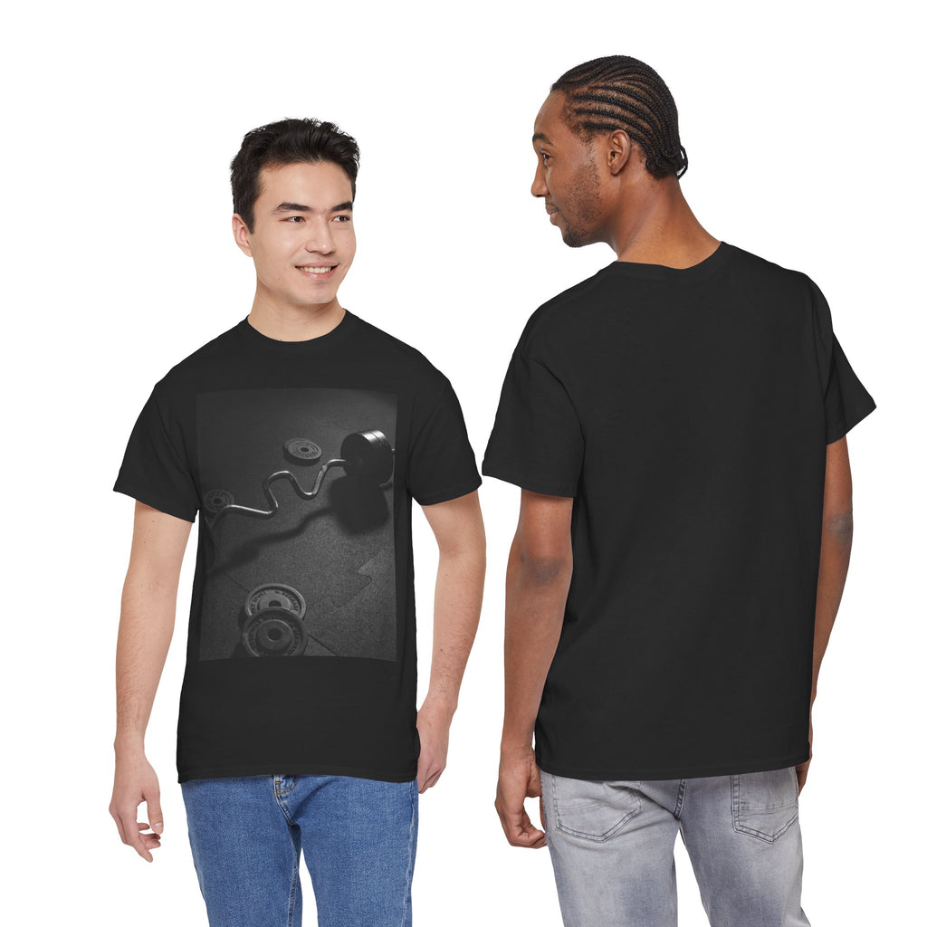 Vintage Gym Weights Photo Tee — Black & White Fitness Graphic Shirt