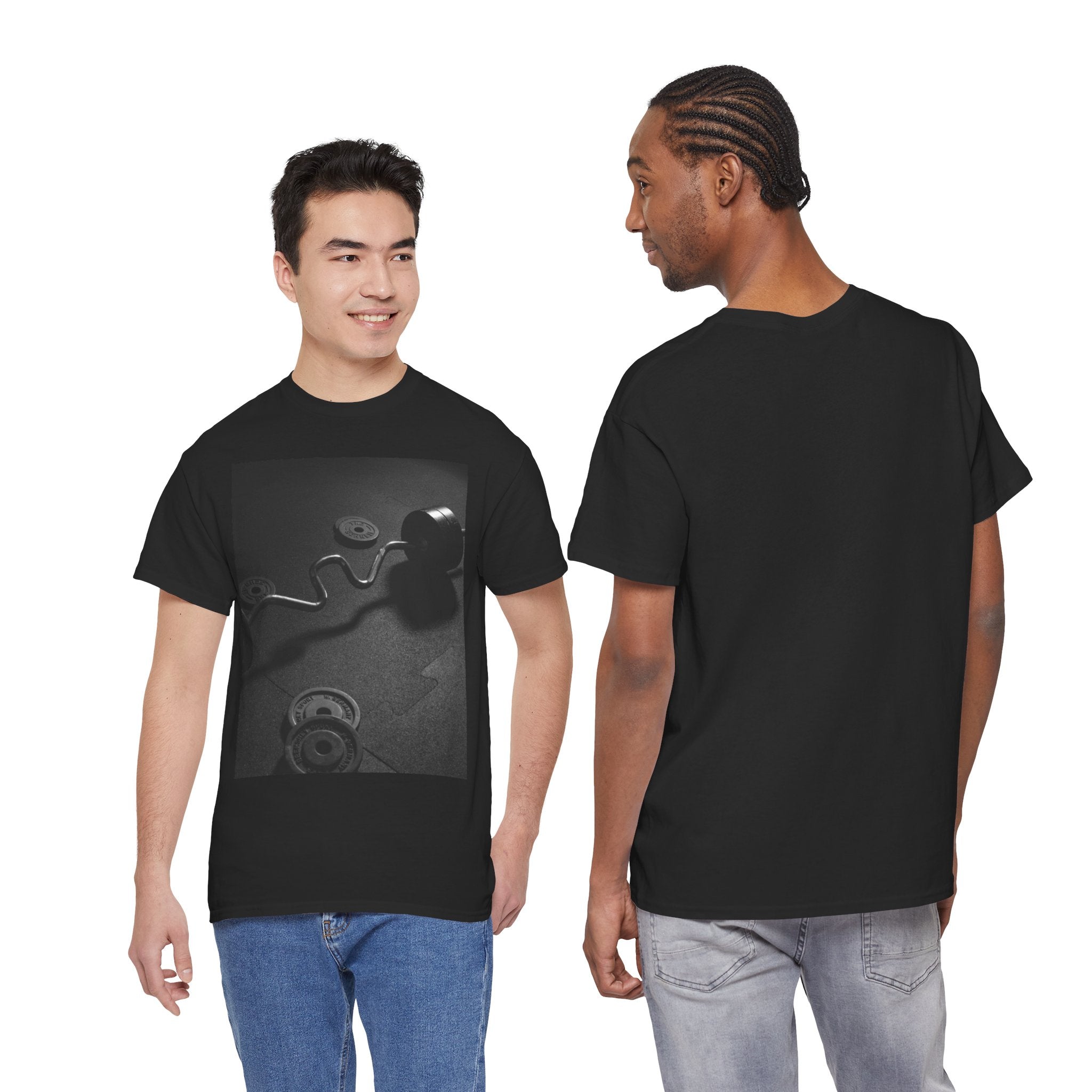 Vintage Gym Weights Photo Tee — Black & White Fitness Graphic Shirt