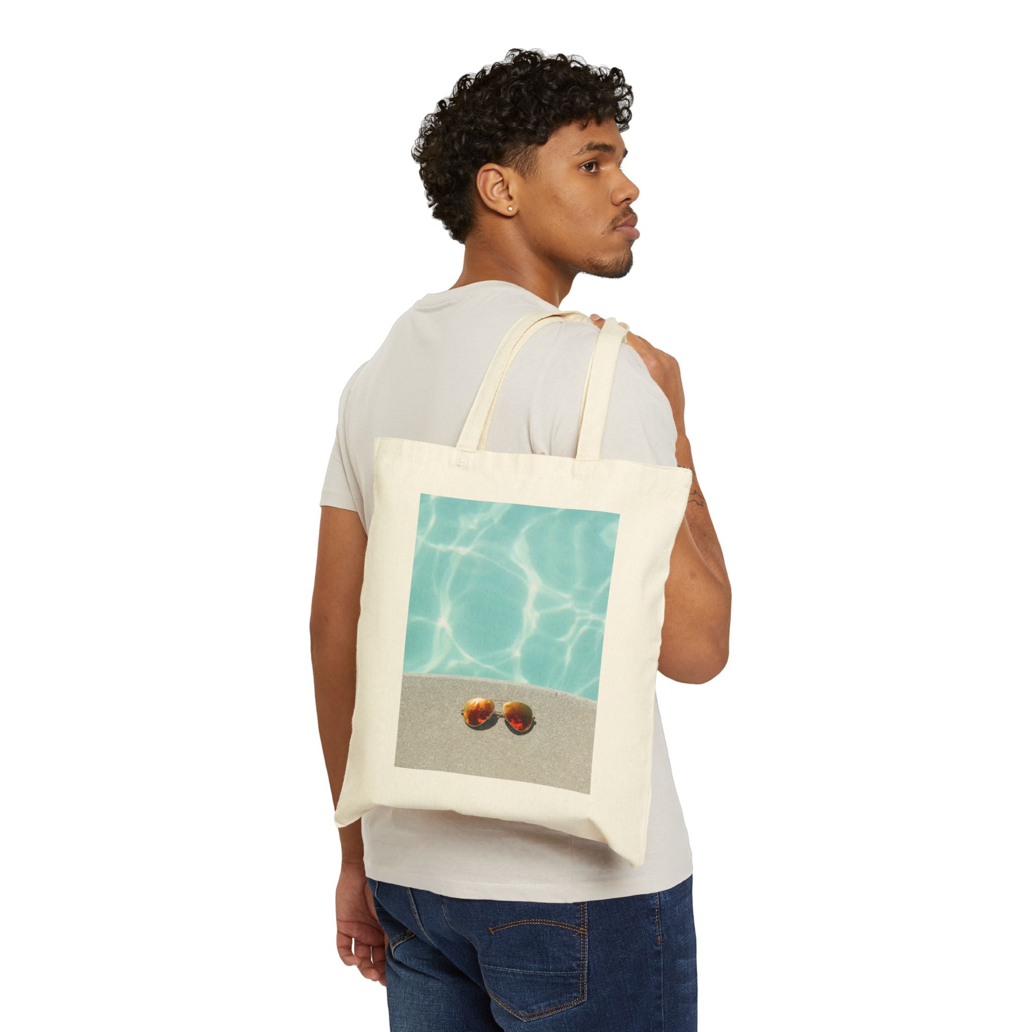 Beach Pool Vibes Cotton Tote — Sunglasses on Sand Graphic Canvas Bag