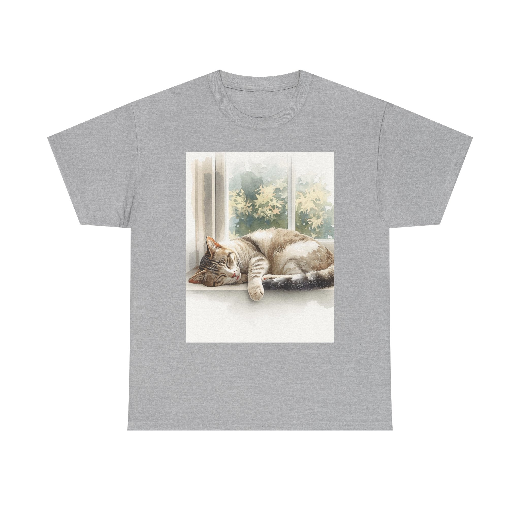 Cat Nap T‑Shirt — Sleeping Tabby by Sunny Window