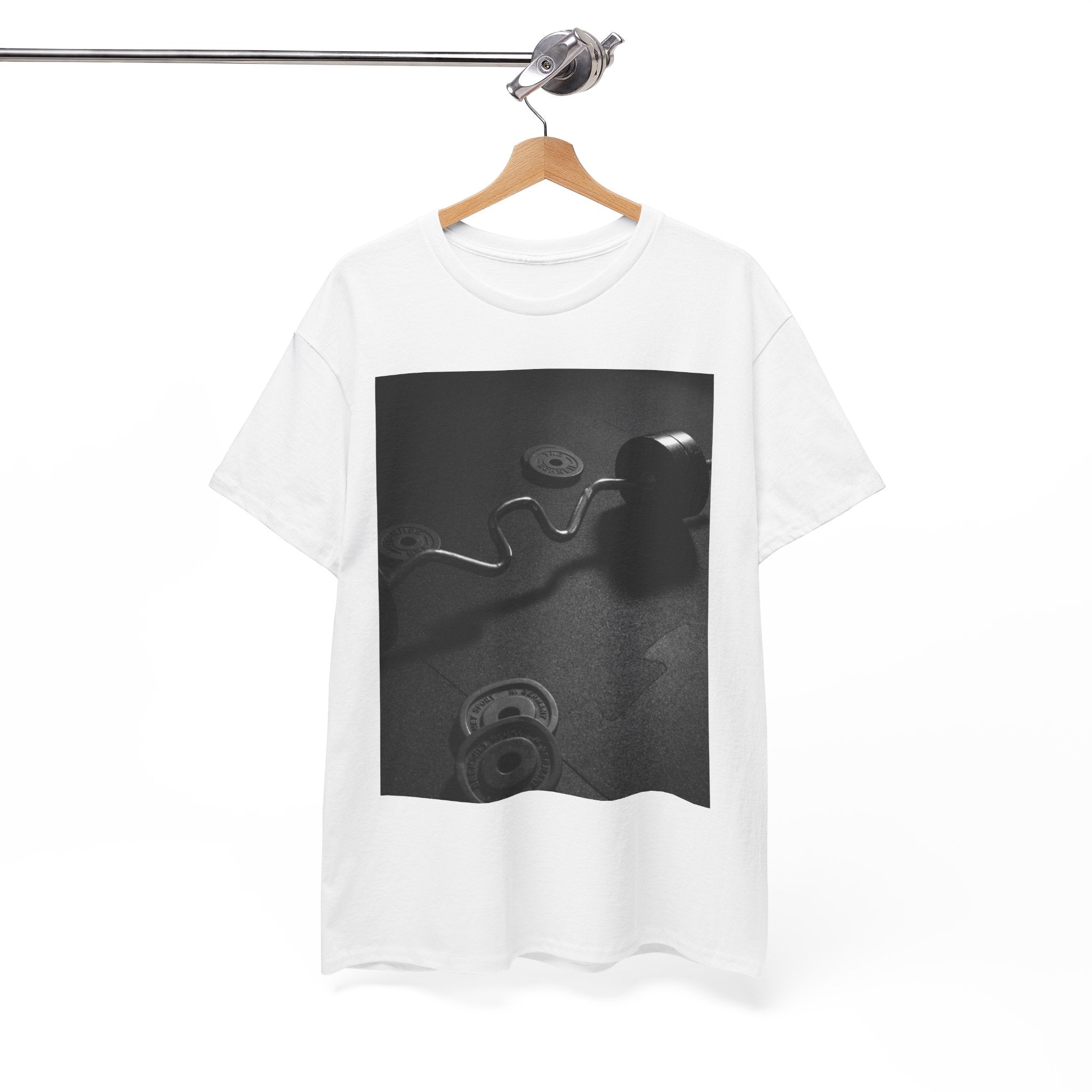 Vintage Gym Weights Photo Tee — Black & White Fitness Graphic Shirt