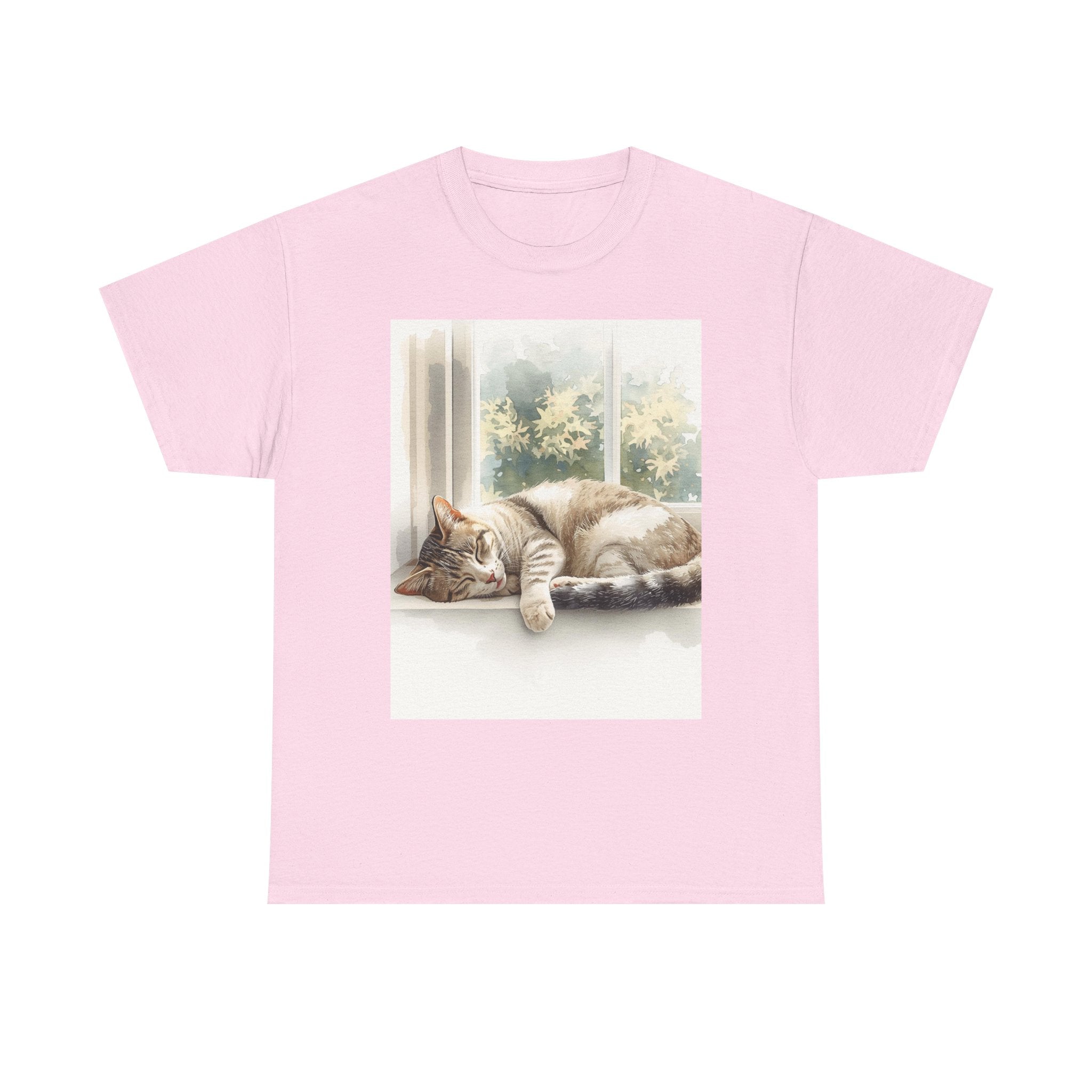 Cat Nap T‑Shirt — Sleeping Tabby by Sunny Window