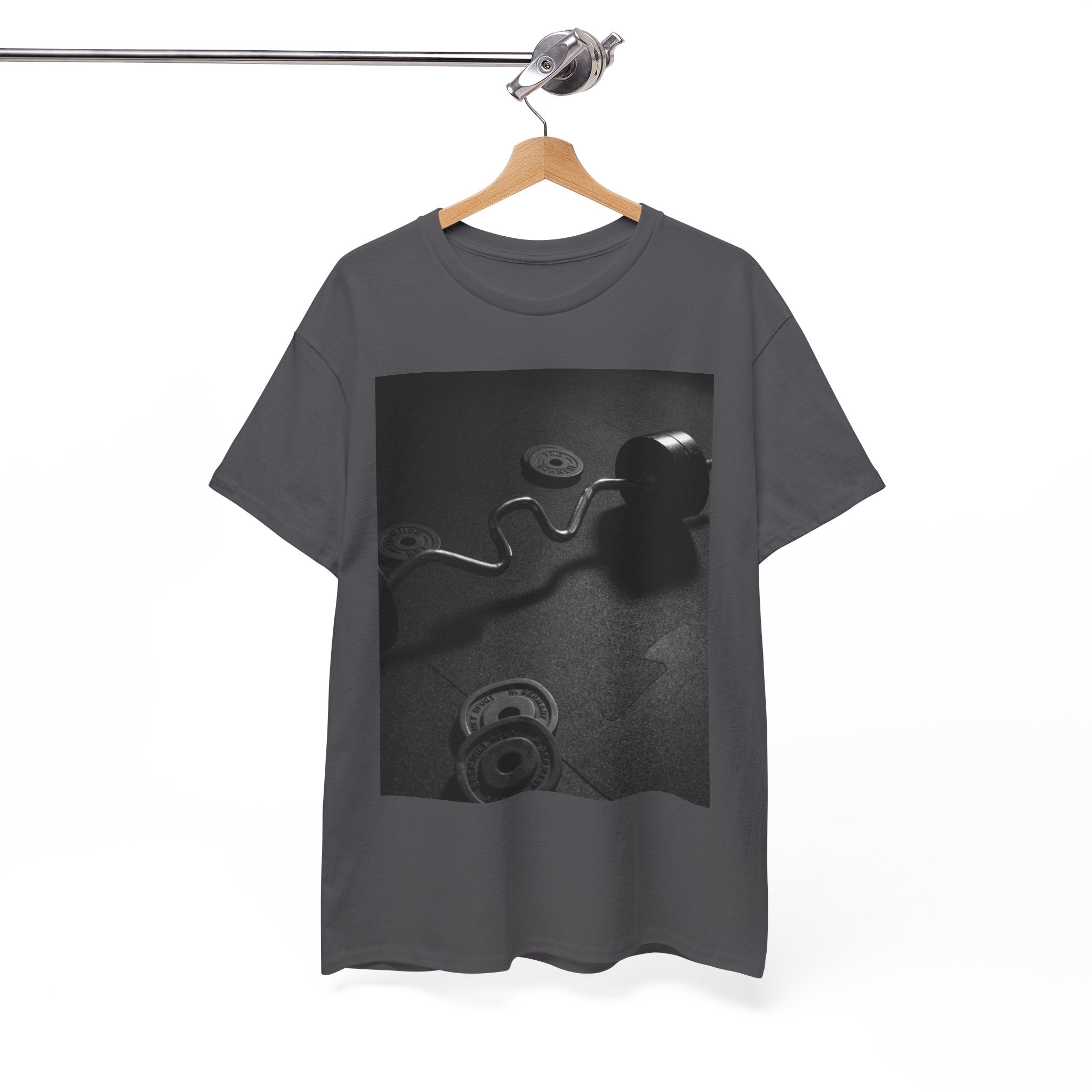 Vintage Gym Weights Photo Tee — Black & White Fitness Graphic Shirt