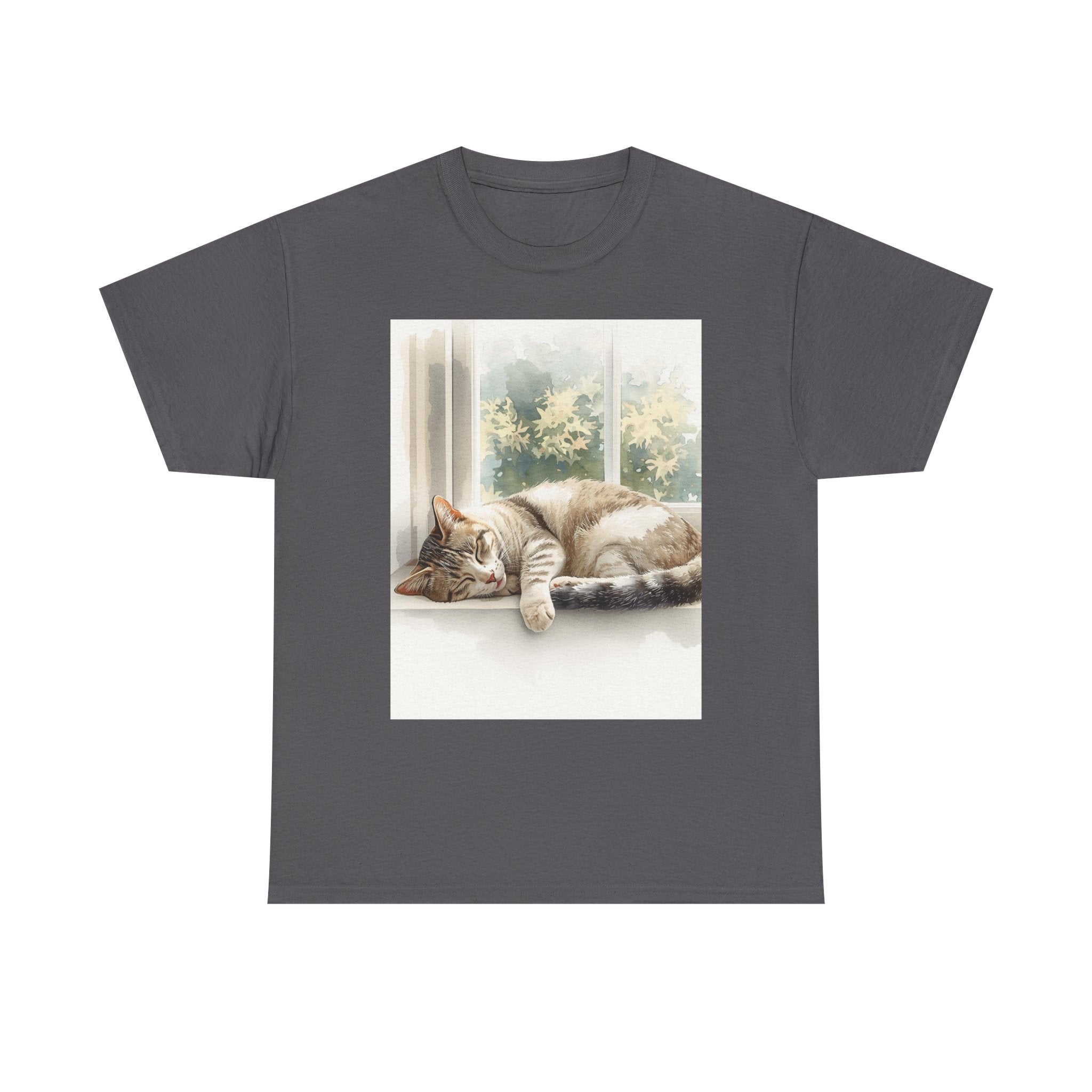 Cat Nap T‑Shirt — Sleeping Tabby by Sunny Window