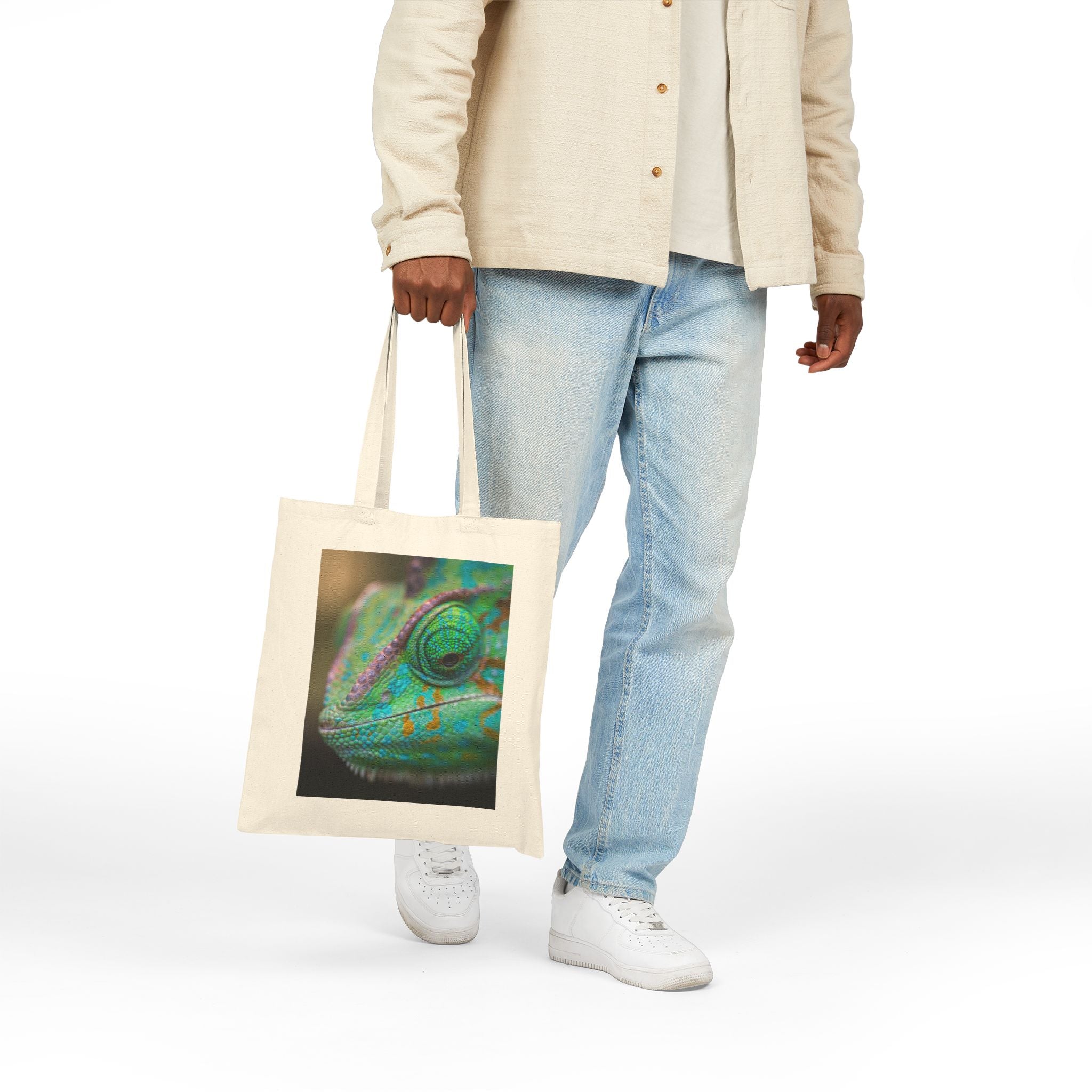 Chameleon Close-Up Canvas Tote — Vibrant Reptile Art Eco Bag