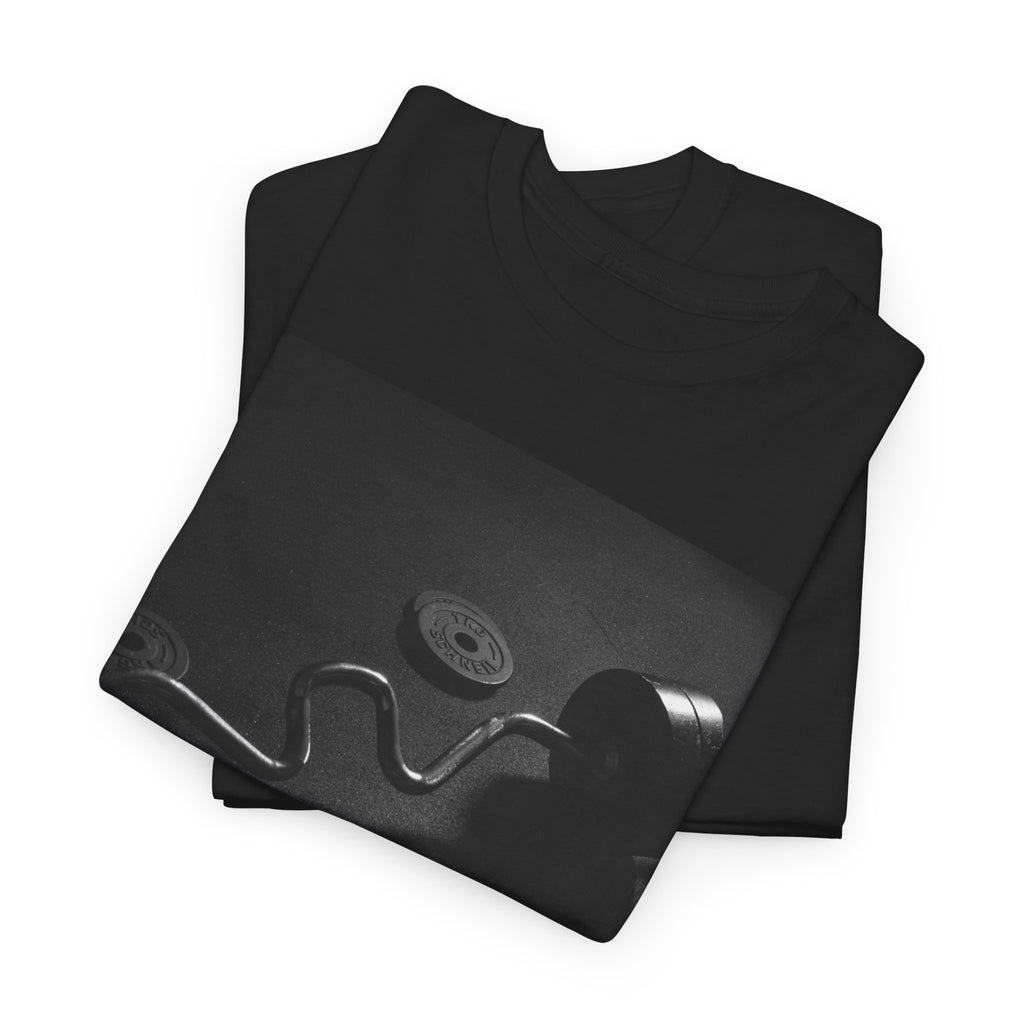 Vintage Gym Weights Photo Tee — Black & White Fitness Graphic Shirt