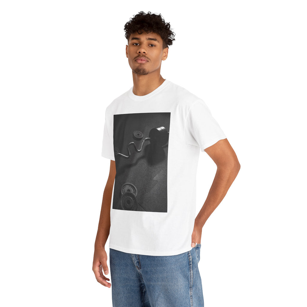 Vintage Gym Weights Photo Tee — Black & White Fitness Graphic Shirt