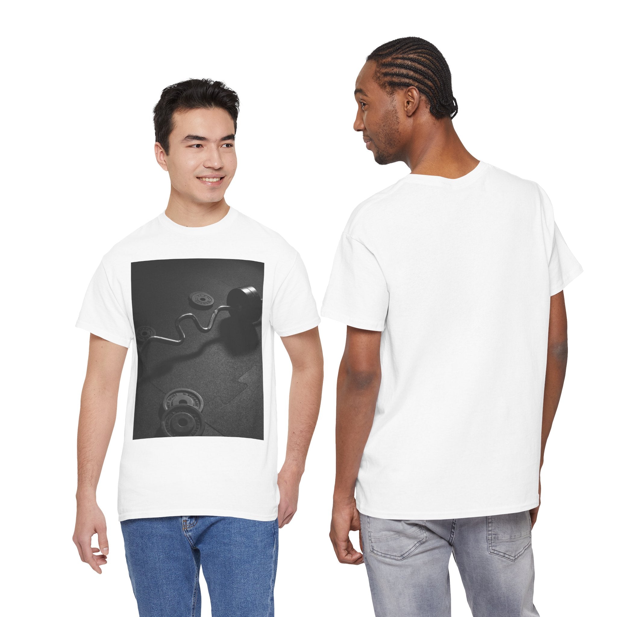 Vintage Gym Weights Photo Tee — Black & White Fitness Graphic Shirt