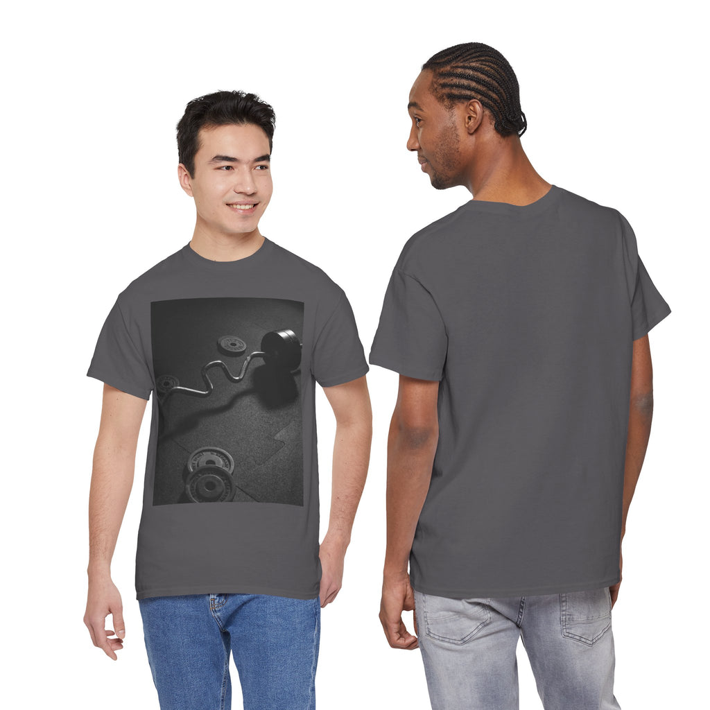 Vintage Gym Weights Photo Tee — Black & White Fitness Graphic Shirt