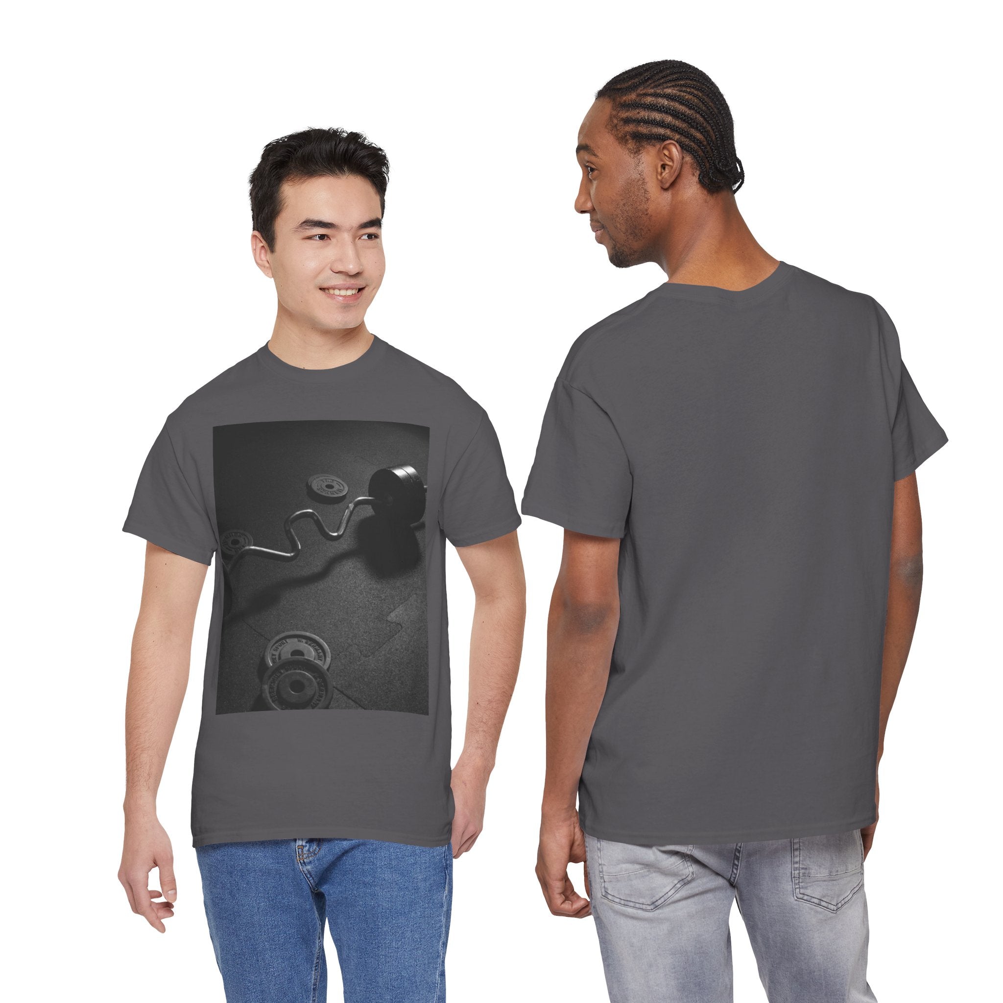 Vintage Gym Weights Photo Tee — Black & White Fitness Graphic Shirt