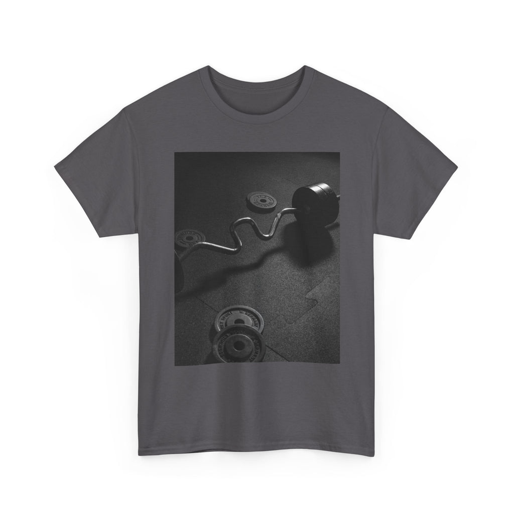 Vintage Gym Weights Photo Tee — Black & White Fitness Graphic Shirt
