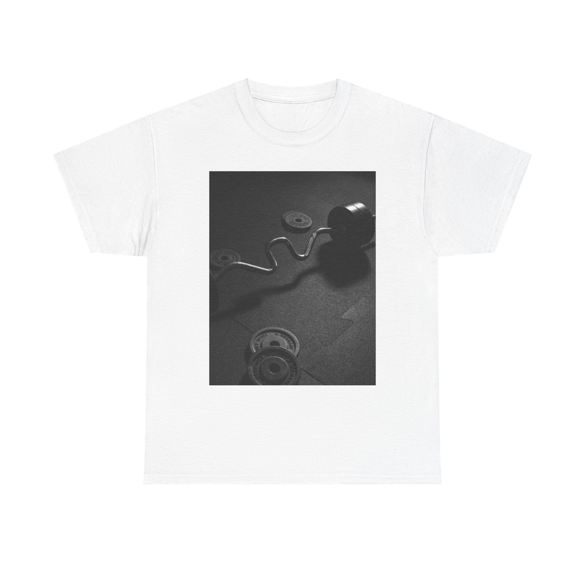 Vintage Gym Weights Photo Tee — Black & White Fitness Graphic Shirt