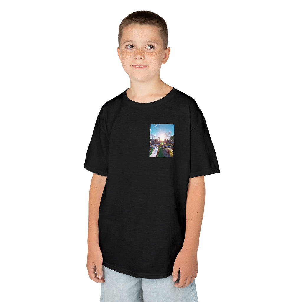 Kids Tee — Colorful Sunset Neighborhood Illustration