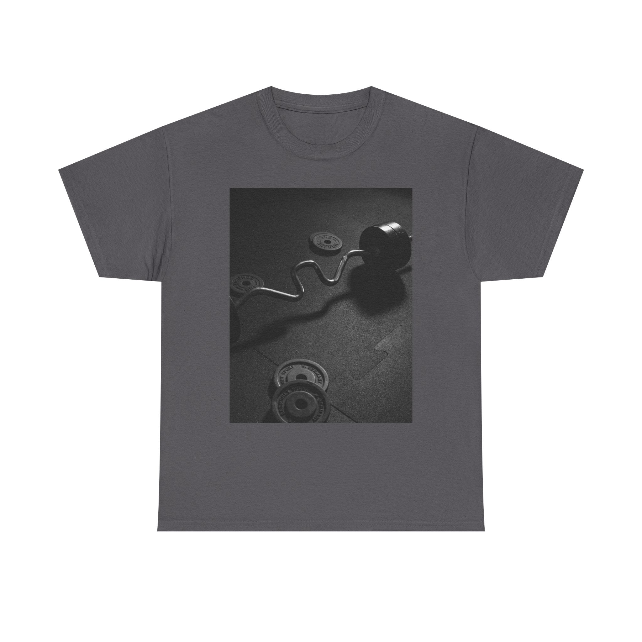 Vintage Gym Weights Photo Tee — Black & White Fitness Graphic Shirt