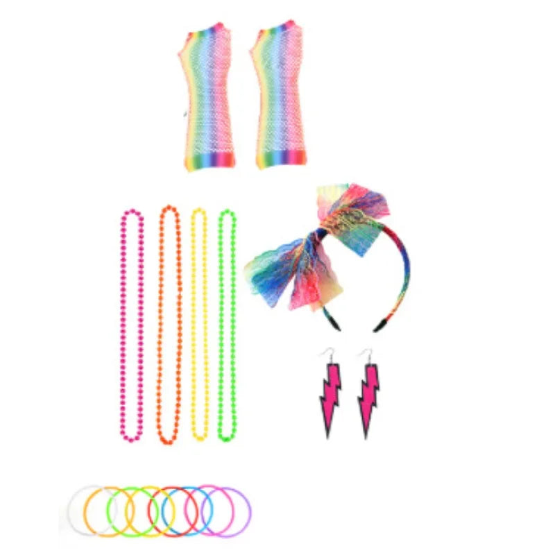 Women 1980s Dance Party Accessory Set Fanny Pack Necklace Headpiece Earrings Retro Costume Vintage Bold Festive Look