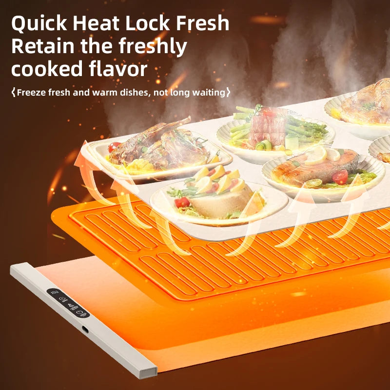 Electric Warming Tray Foldable Food Warmer Mat with 6 Temperature Settings Fast Full Surface Heating Portable Heating Tray