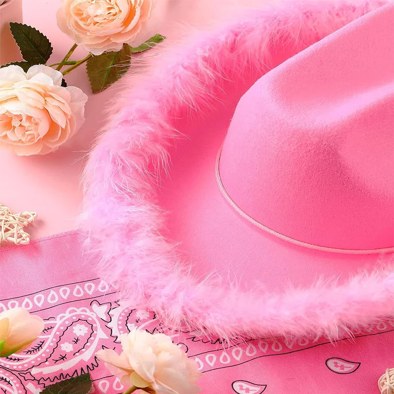 New Cowgirl Hat with Feather Boa Cowgirl Hat for Women Girl Wedding Bachelorette Party Costume Accessory