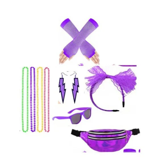 Women 1980s Dance Party Accessory Set Fanny Pack Necklace Headpiece Earrings Retro Costume Vintage Bold Festive Look
