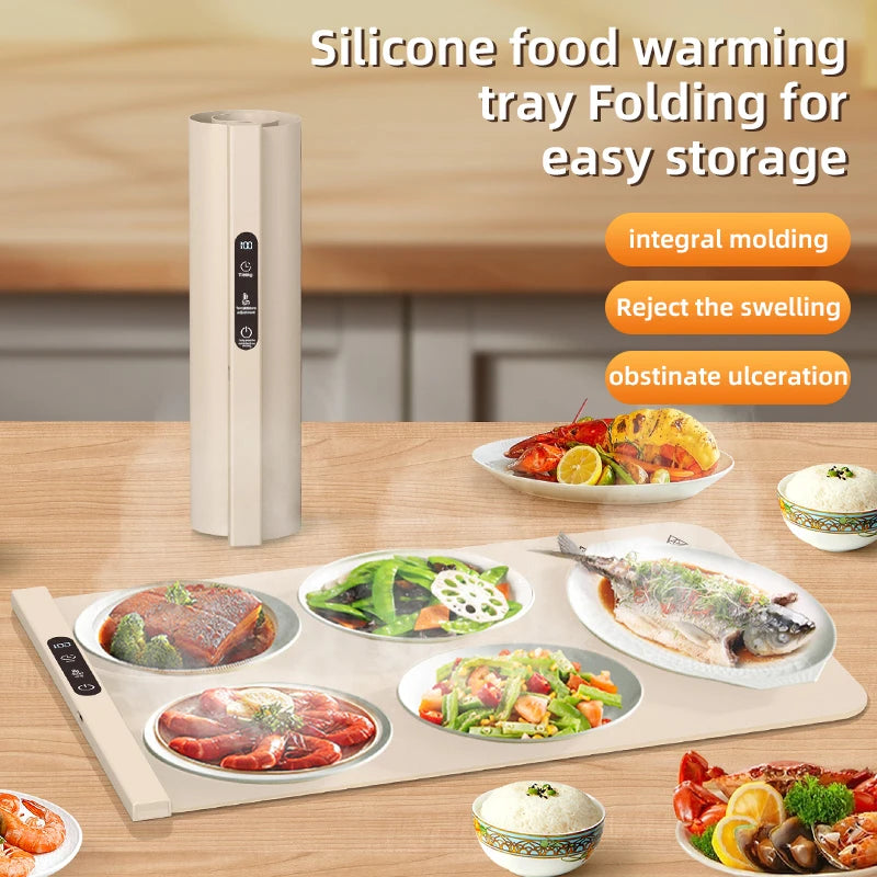 Electric Warming Tray Foldable Food Warmer Mat with 6 Temperature Settings Fast Full Surface Heating Portable Heating Tray