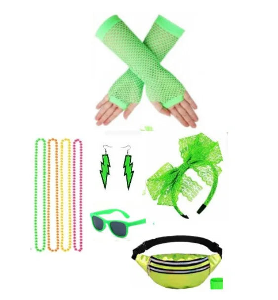 Women 1980s Dance Party Accessory Set Fanny Pack Necklace Headpiece Earrings Retro Costume Vintage Bold Festive Look
