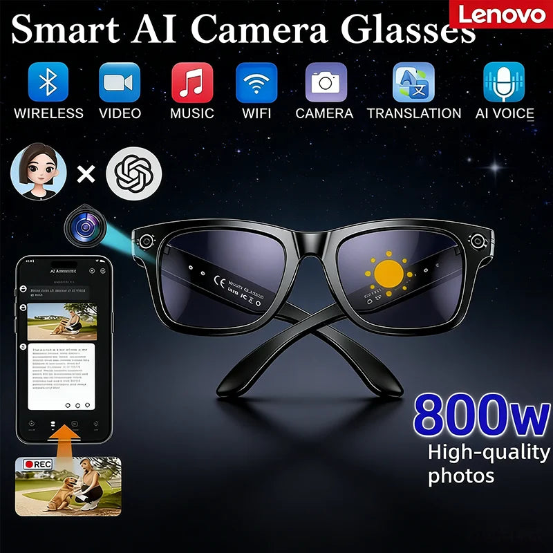 Lenovo 2026 8K HD AI Smart Glasses Bluetooth Call 1200MP Camera ChatGPT Voice Assistant Music Player Translate Smart Sunglasses