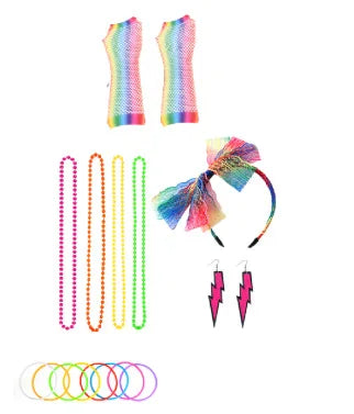 Women 1980s Dance Party Accessory Set Fanny Pack Necklace Headpiece Earrings Retro Costume Vintage Bold Festive Look